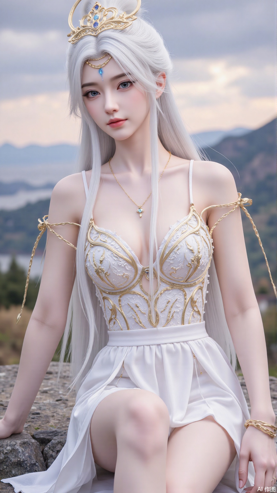 1girl, solo, long hair, white hair, dress, blue eyes, bare_shoulders, realistic, mischevious smile, perfect body, scenery, sharp focus, best quality, masterpiece, detailed outfit, illustration, perfect eyes, finely detailed beautiful anime eyes, realistic skin, intricate details, best lighting, depth of field, ultra high resolution, sitting