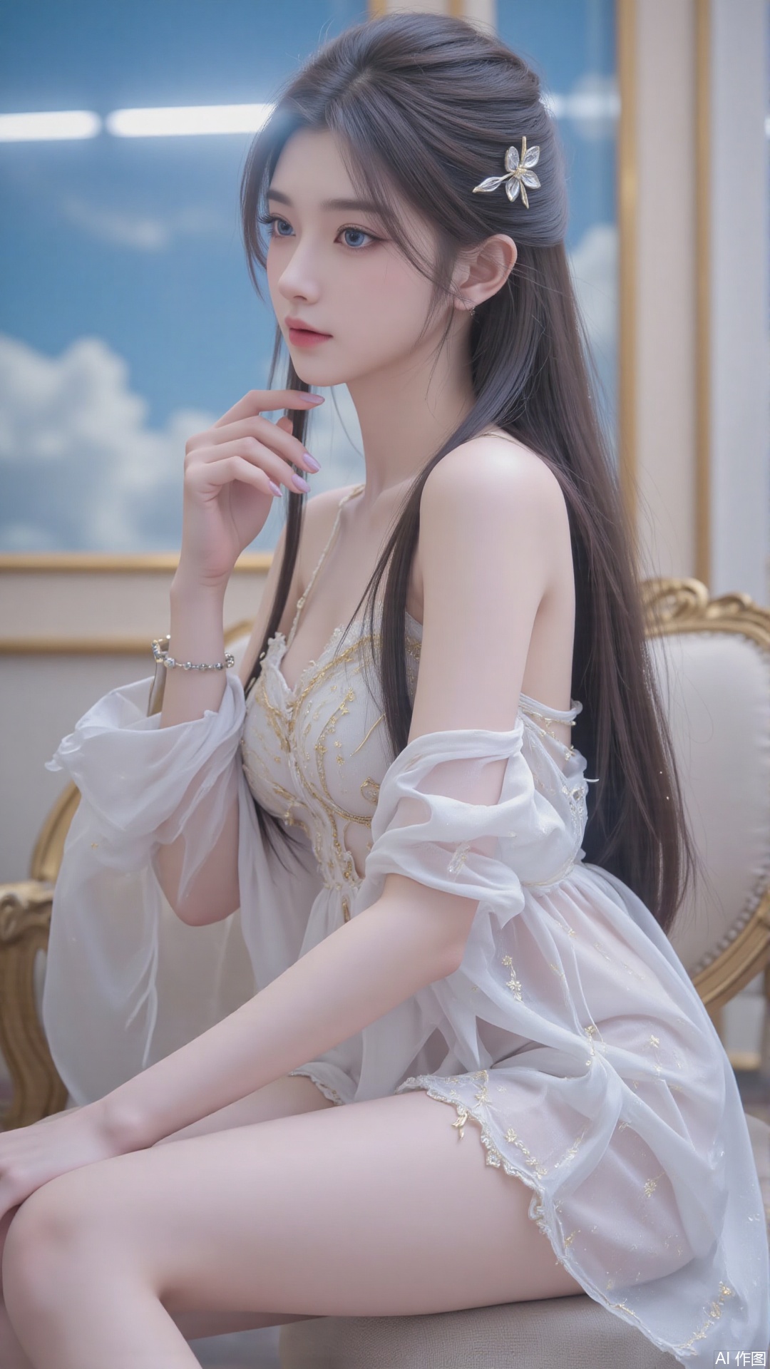 Very detailed face, extremely detailed eyes and face, blue eyes, (vacuum), 8K wallpaper, light leak, beautiful and detailed girl, extremely detailed CGUnity8K wallpaper, an extremely detailed and beautiful, beautiful and detailed eyes, masterpiece, best quality, Real photo level, (frontal shooting panoramic perspective), ( (Full body photo)), dynamic angle, dynamic pose, solo, ancient style silver hairpin with petals, blue sky and white clouds, (C cup), (huge round breasts), slender legs, super good figure, stunning beauty, (whole body in the mirror) , (wearing Lolita nightgown), (light reflects the shadow of the body through the clothes),vacuum,bare and smooth