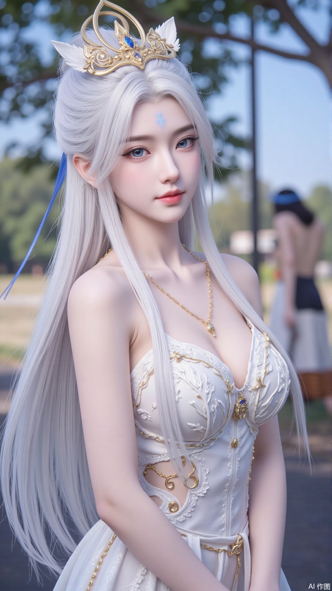 1girl, solo, long hair, white hair, dress, blue eyes, bare_shoulders, realistic, mischevious smile, perfect body, scenery, sharp focus, best quality, masterpiece, detailed outfit, illustration, perfect eyes, finely detailed beautiful anime eyes, realistic skin, intricate details, best lighting, depth of field, ultra high resolution, cowboy shot