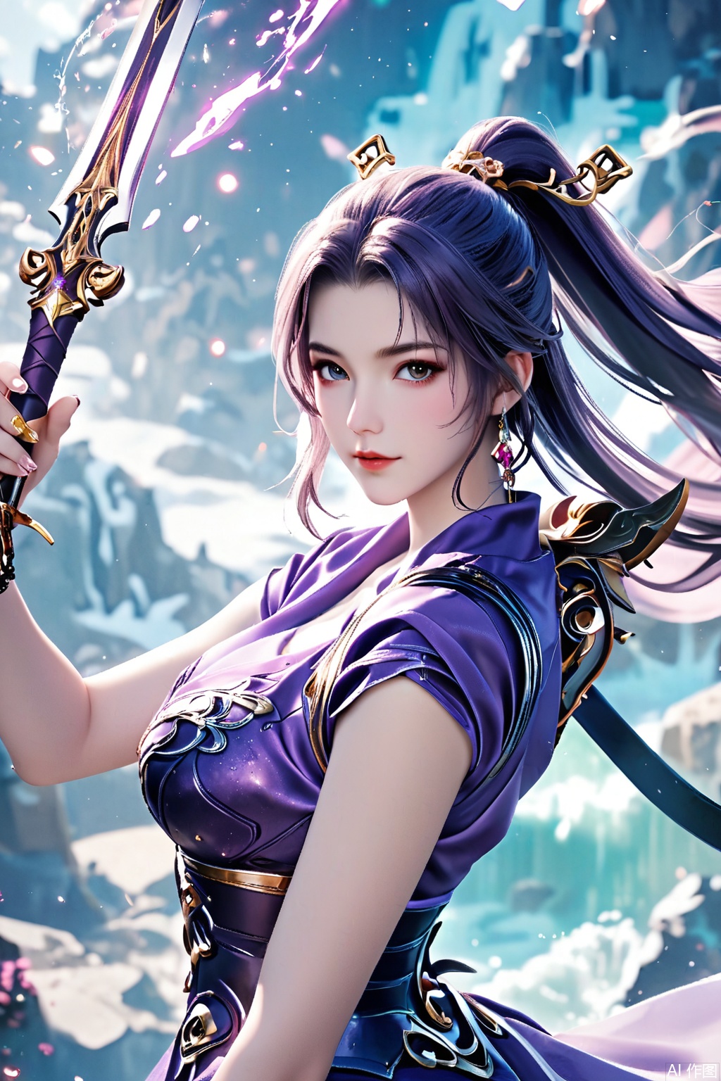score_9,score_8_up,score_7_up,,1girl, solo, long hair, looking at viewer, hair ornament, dress, holding, ponytail, weapon, purple dress, masterpiece,best quality,official art,extremely detailed CG unity 8k wallpaper,Random scene,upper body,looking at viewer,