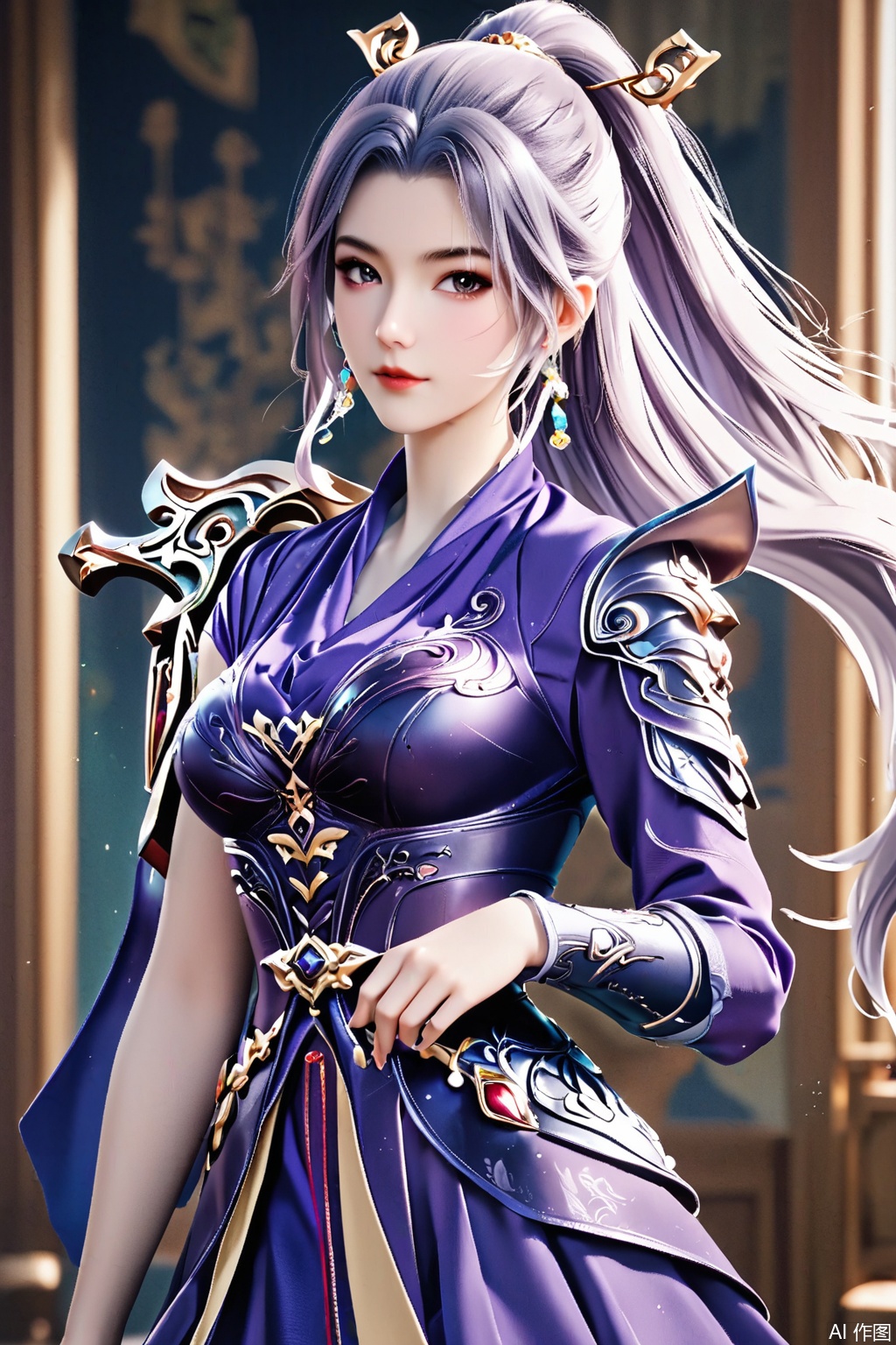 score_9,score_8_up,score_7_up,,1girl, solo, long hair, looking at viewer, hair ornament, dress, holding, ponytail, weapon, purple dress, masterpiece,best quality,official art,extremely detailed CG unity 8k wallpaper,Random scene,upper body,looking at viewer,