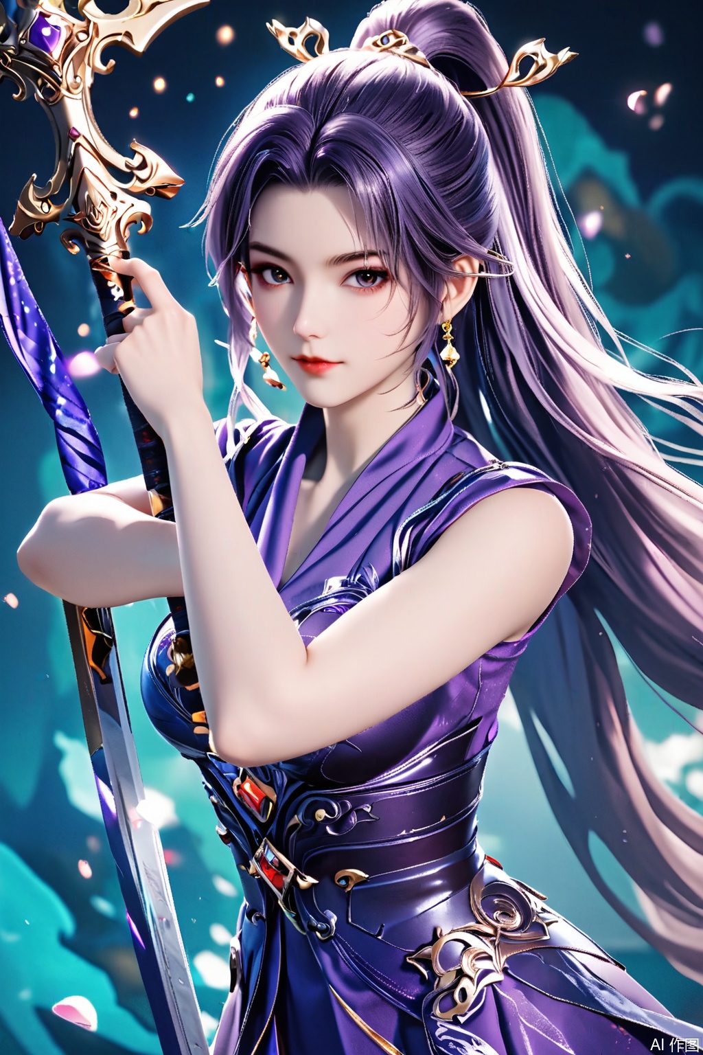 score_9,score_8_up,score_7_up,,1girl, solo, long hair, looking at viewer, hair ornament, dress, holding, ponytail, weapon, purple dress, masterpiece,best quality,official art,extremely detailed CG unity 8k wallpaper,Random scene,upper body,looking at viewer,