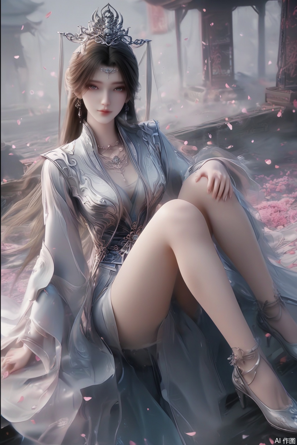 masterpiece, best quality, masterpiece,best quality,official art,extremely detailed CG unity 8k wallpaper, score_9,score_8_up,score_7_up,1girl,solo,brown hair,black hair,hair ornament,long sleeves,dress,jewelry,earrings,chinese clothes,tiara,necklace,happiness,looking at viewer,faceoff,facing viewer,simple background,hand,high heels,wide sleeves,petals,fog,haze,legs,closed mouth,Cherry Blossoms,sitting,knees up,m legs,full body,legs grab,thigh grab