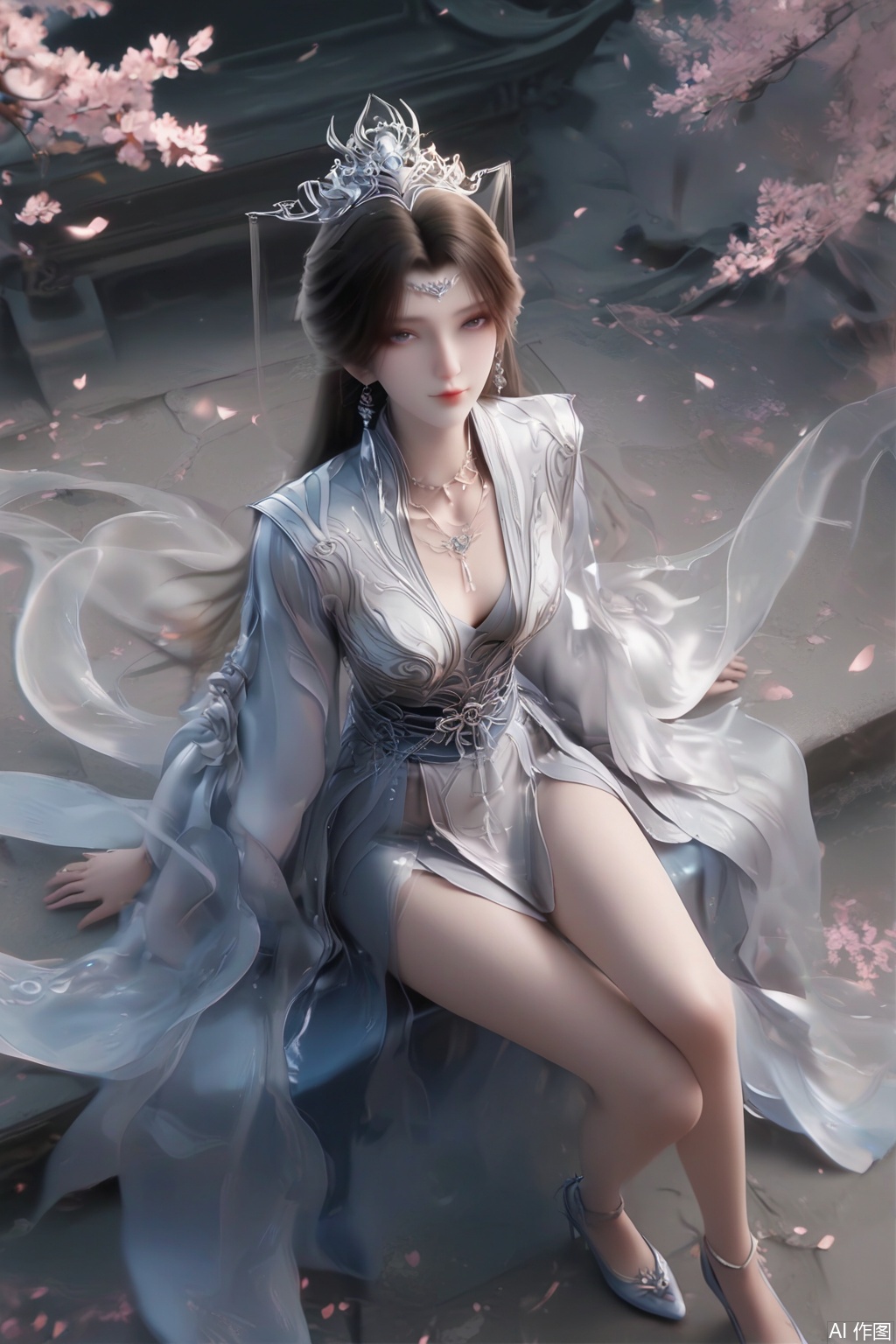 score_9,score_8_up,score_7_up,1girl,solo,brown hair,black hair,hair ornament,long sleeves,dress,jewelry,earrings,chinese clothes,tiara,necklace,happiness,looking at viewer,faceoff,facing viewer,simple background,hand,high heels,wide sleeves,petals,fog,haze,legs,closed mouth,Cherry Blossoms,sitting,m legs