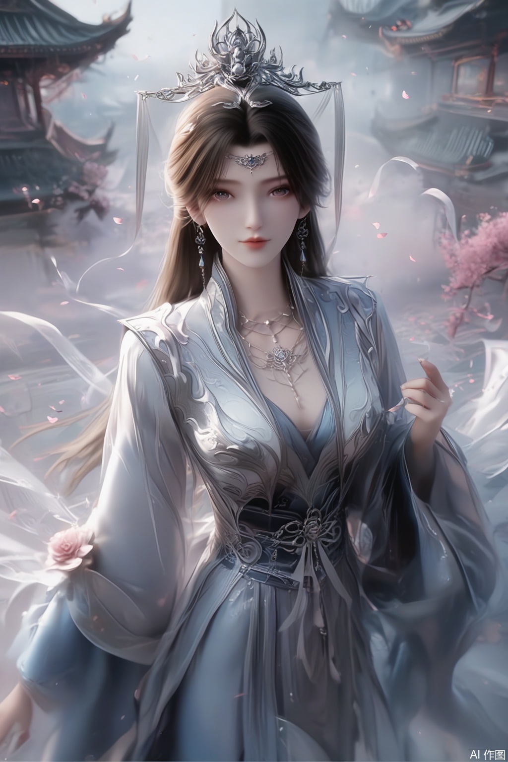 masterpiece, best quality, masterpiece,best quality,official art,extremely detailed CG unity 8k wallpaper, score_9,score_8_up,score_7_up,1girl,solo,brown hair,black hair,hair ornament,long sleeves,dress,jewelry,earrings,chinese clothes,tiara,necklace,happiness,looking at viewer,faceoff,facing viewer,simple background,wide sleeves,petals,fog,haze,Cherry Blossoms,upper body,pov,