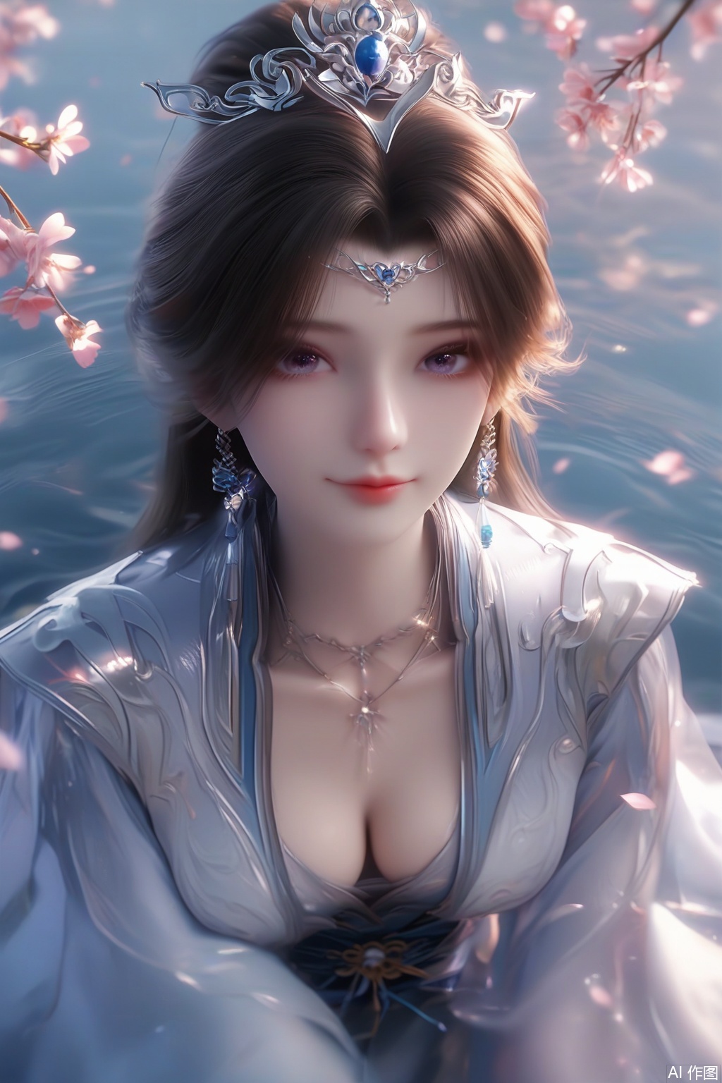 score_9,score_8_up,score_7_up,realisticVivid Colors,bright environment,sunshine,god light,lake,delicate water surface,shiny skin,shiny hair,reflection,1girl,solo,brown hair,black hair,hair ornament,dress,jewelry,earrings,chinese clothes,tiara,necklace,happiness,looking at viewer,faceoff,facing viewer,simple background,wide sleeves,petals,Cherry Blossoms,pov,cleavage,happiness,hair scrunchie,