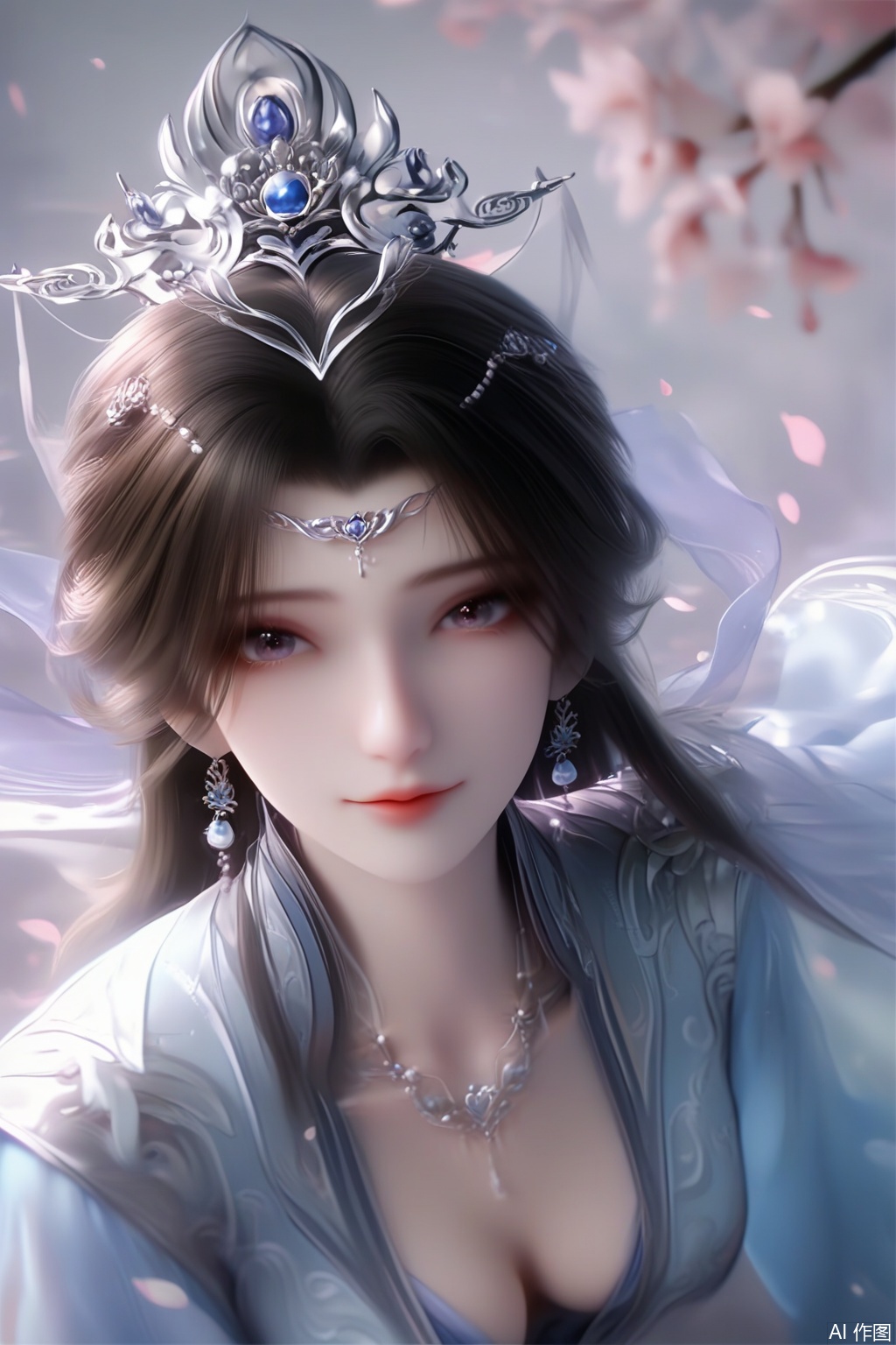 masterpiece, best quality, masterpiece,best quality,official art,extremely detailed CG unity 8k wallpaper, score_9,score_8_up,score_7_up,1girl,solo,brown hair,black hair,hair ornament,long sleeves,dress,jewelry,earrings,chinese clothes,tiara,necklace,happiness,looking at viewer,faceoff,facing viewer,simple background,wide sleeves,petals,fog,haze,Cherry Blossoms,upper body,pov,cleavage,hand,hand up,happiness,hair scrunchie,