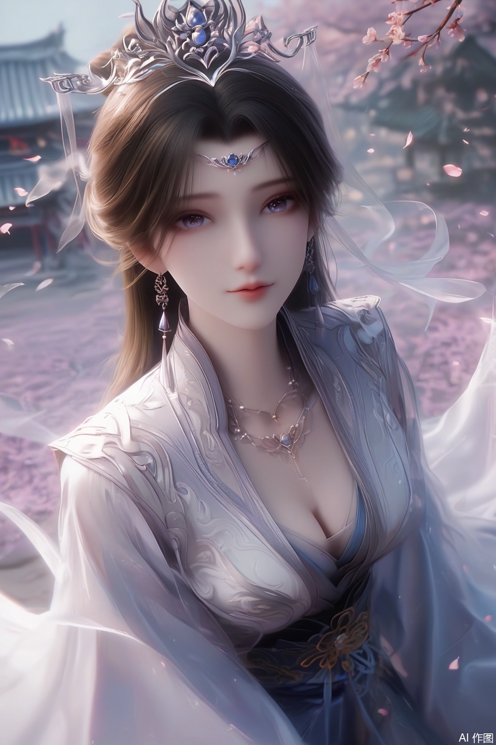 masterpiece, best quality, masterpiece,best quality,official art,extremely detailed CG unity 8k wallpaper, score_9,score_8_up,score_7_up,1girl,solo,brown hair,black hair,hair ornament,long sleeves,dress,jewelry,earrings,chinese clothes,tiara,necklace,happiness,looking at viewer,faceoff,facing viewer,simple background,wide sleeves,petals,fog,haze,Cherry Blossoms,upper body,pov,cleavage,hand