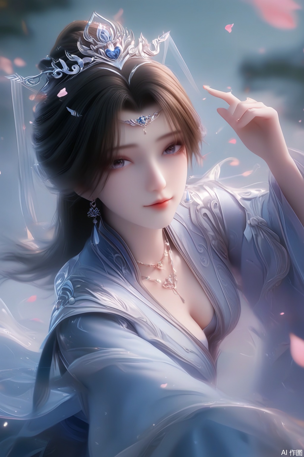 masterpiece, best quality, masterpiece,best quality,official art,extremely detailed CG unity 8k wallpaper, score_9,score_8_up,score_7_up,1girl,solo,brown hair,black hair,hair ornament,long sleeves,dress,jewelry,earrings,chinese clothes,tiara,necklace,happiness,looking at viewer,faceoff,facing viewer,simple background,wide sleeves,petals,fog,haze,Cherry Blossoms,upper body,pov,cleavage,hand,hand up,happiness