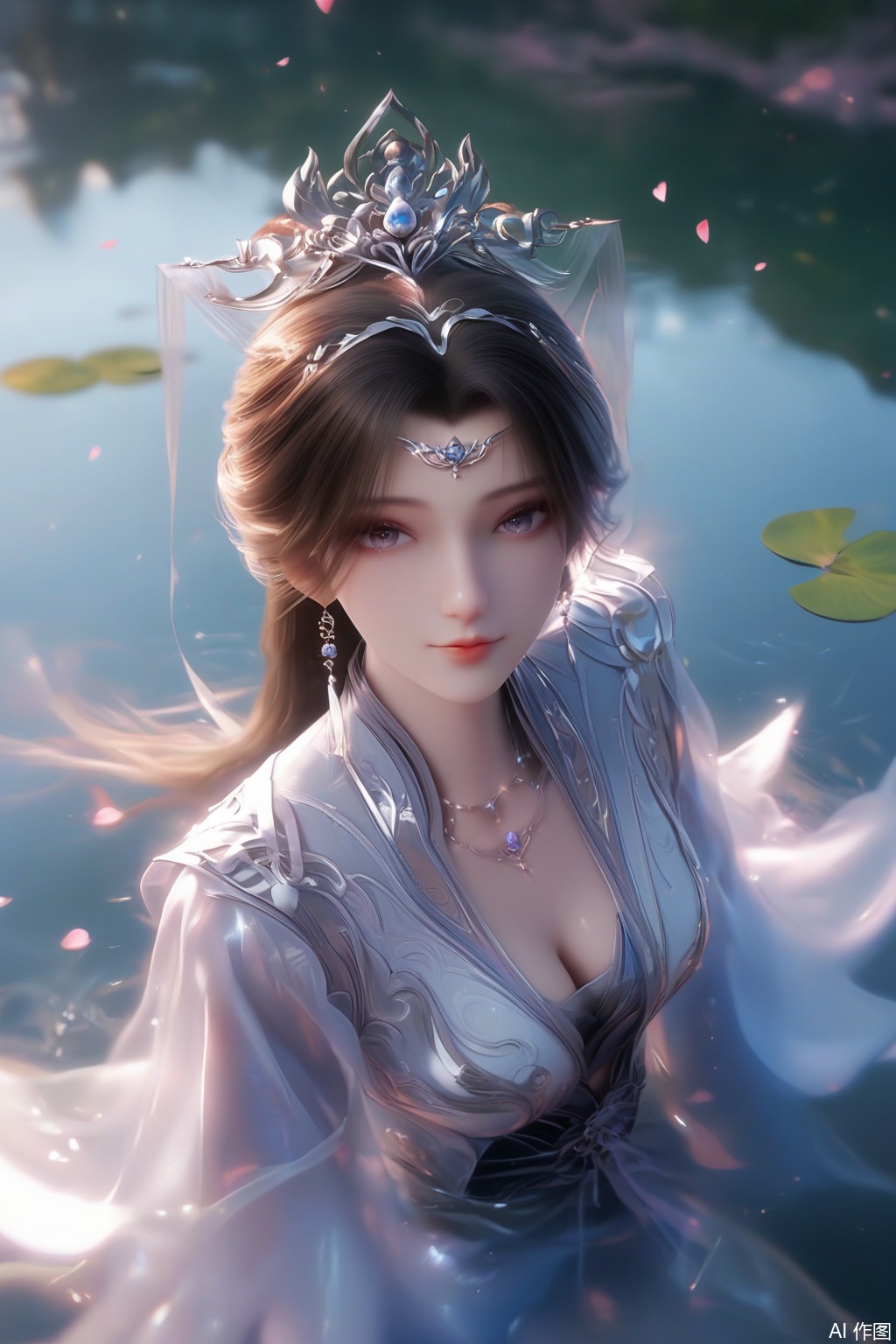 score_9,score_8_up,score_7_up,realisticVivid Colors,bright environment,sunshine,god light,lake,delicate water surface,shiny skin,shiny hair,reflection,1girl,solo,brown hair,black hair,hair ornament,long sleeves,dress,jewelry,earrings,chinese clothes,tiara,necklace,happiness,looking at viewer,faceoff,facing viewer,simple background,wide sleeves,petals,Cherry Blossoms,pov,cleavage,happiness,hair scrunchie,