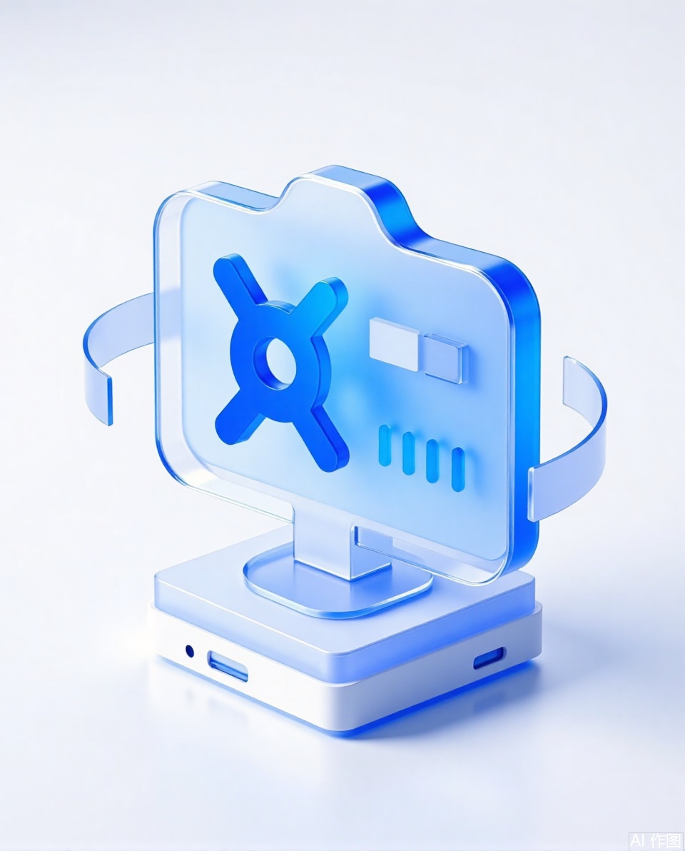 Computer, 3Dicon, Frosted Glass Texture, Transparent Glass Texture, Layered Design, Blue, Transparent Technology Awareness, White Background, Industrial Design, Minimalist Design, Isometric Design, Axisymmetric, Data, 3D Rendering, 8K,Three-dimensional icon