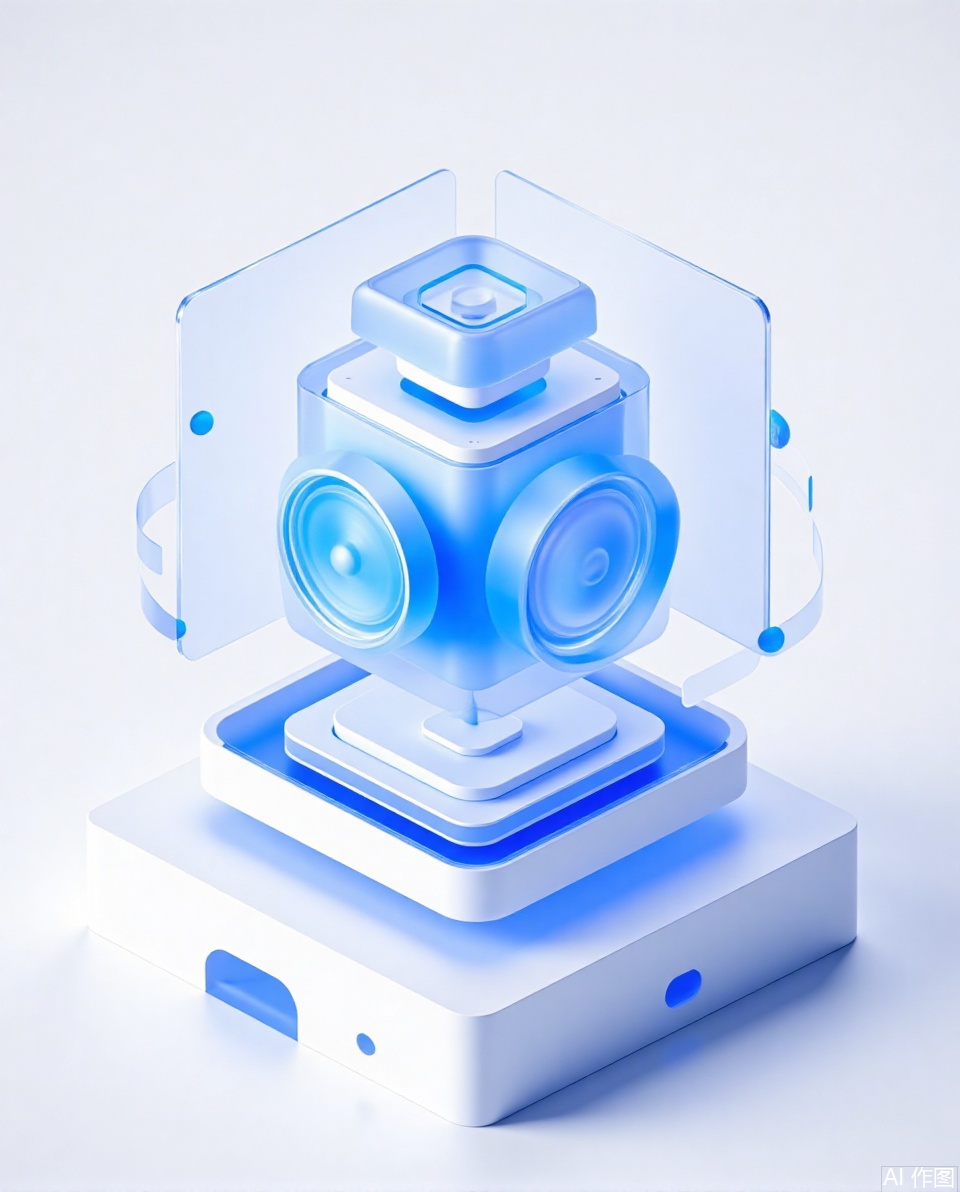Computer, 3Dicon, Frosted Glass Texture, Transparent Glass Texture, Layered Design, Blue, Transparent Technology Awareness, White Background, Industrial Design, Minimalist Design, Isometric Design, Axisymmetric, Data, 3D Rendering, 8K,Three-dimensional icon