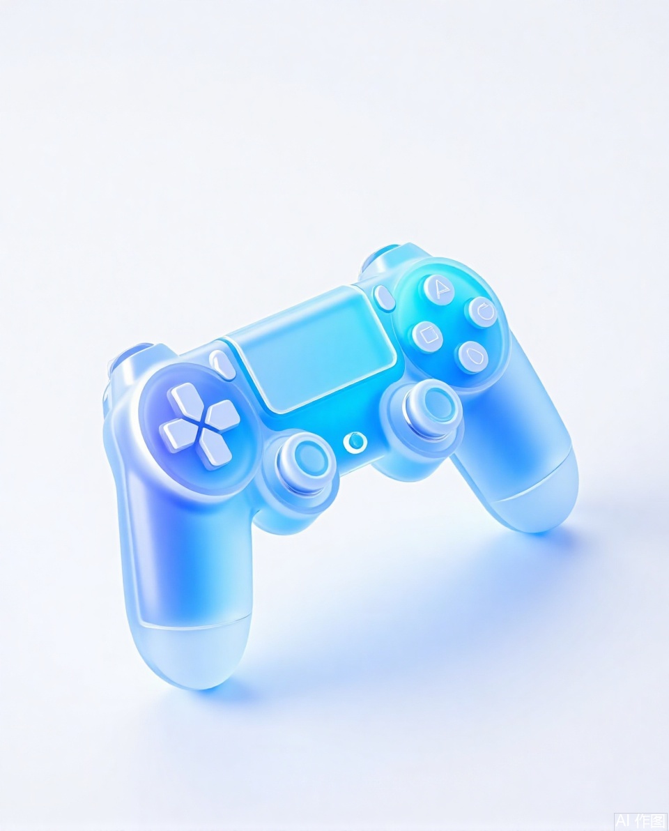 A gamepad is translucent frosted glass texture with extreme detail. The turquoise gradient gives off a soft glow. The background is white,creating a sense of depth and space. Industrial Design,Studio Lighting,Blender,C4D Rendering,, 3Dicon, Frosted Glass Texture, Transparent Glass Texture, Layered Design, Blue, Transparent Technology Awareness, White Background, Industrial Design, Minimalist Design, Isometric Design, Axisymmetric, Data, 3D Rendering, 8K,Three-dimensional icon