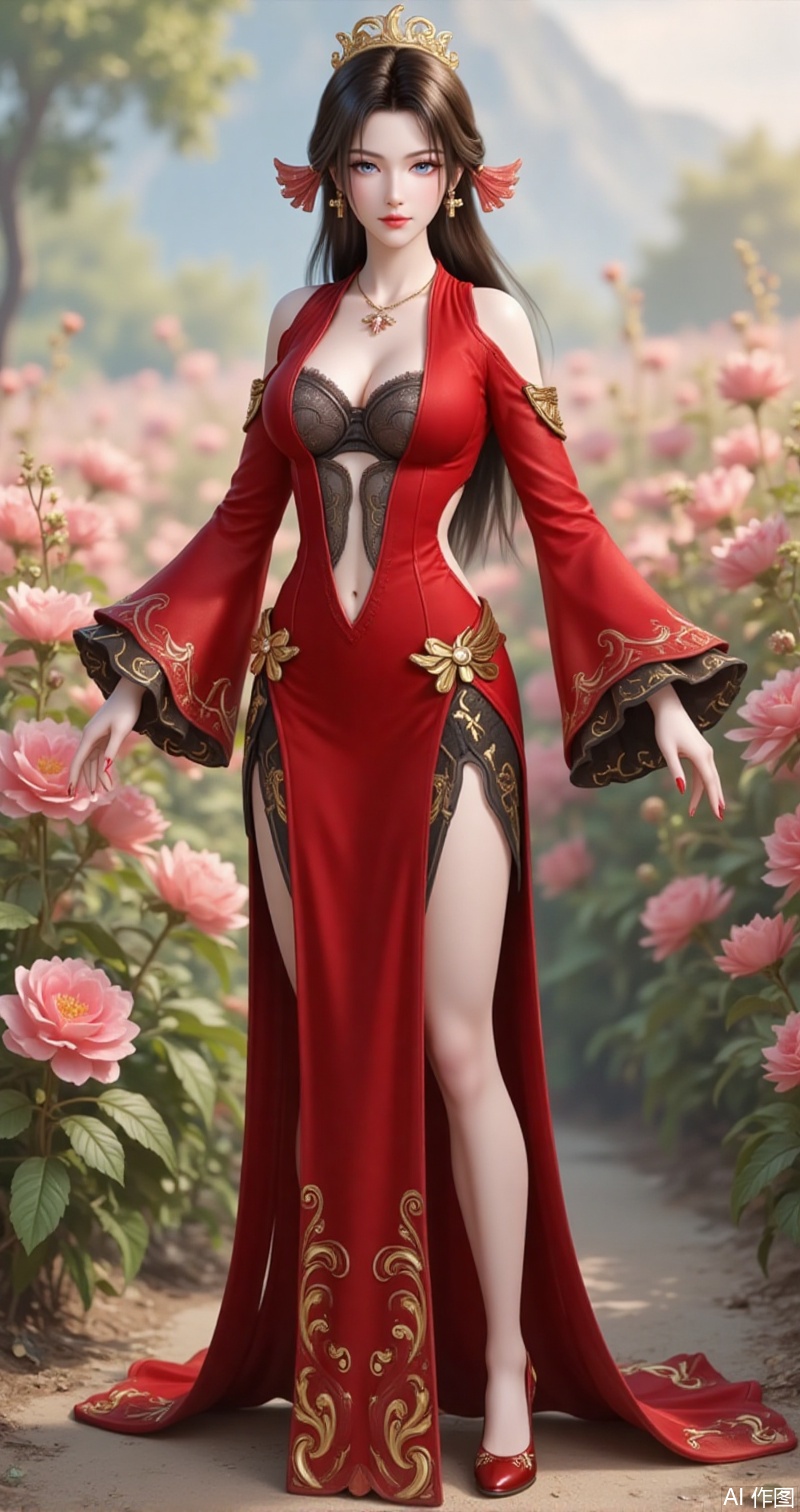 songyu,lvjing,baoshi,1girl,solo,long hair,outdoors,black hair,hair ornament,nature,brown hair,looking at viewer,blue eyes,,meidushayifu,1girl,solo,breasts,dress,high heels,jewelry,red dress,necklace,full body,red nails,standing,flower,flower background,cleavage,detached_sleeves,clothing cutout,gradient background,red footwear,3,cover,gradient background,close-up details,outstanding style,adding a touch of dimension to your images without compromising details,close-up,