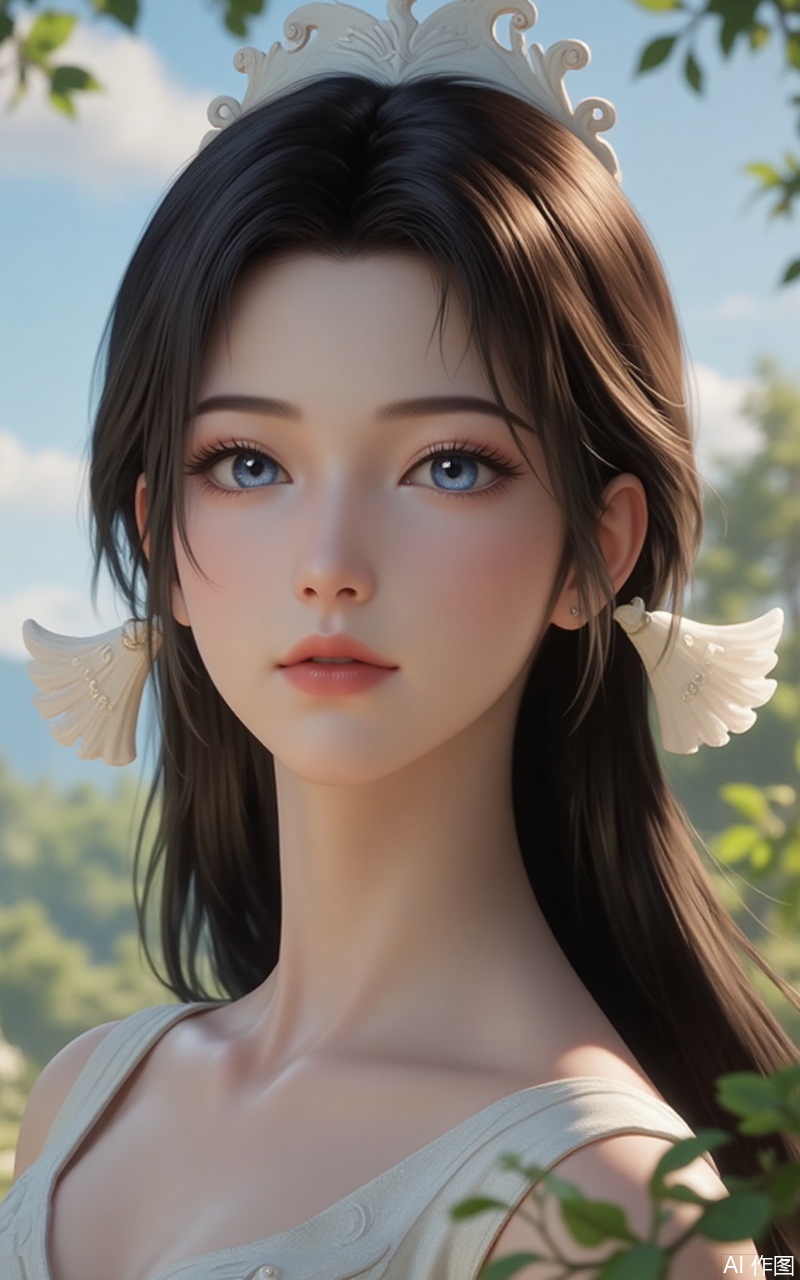 songyu,lvjing,baoshi,1girl,solo,long hair,outdoors,black hair,hair ornament,nature,brown hair,looking at viewer,blue eyes,cover,gradient background,close-up details,outstanding style,adding a touch of dimension to your images without compromising details,close-up,