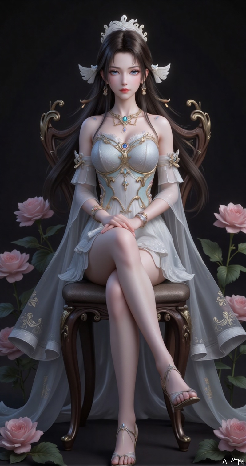 songyu,lvjing,baoshi,1girl,solo,long hair,outdoors,black hair,hair ornament,nature,brown hair,looking at viewer,blue eyes,xuneryifu,1girl,solo,dress,full body,black background,bare shoulders,detached sleeves,sitting,high_heels,chair,flower,flower background,bare legs,2,cover,gradient background,close-up details,outstanding style,adding a touch of dimension to your images without compromising details,close-up,