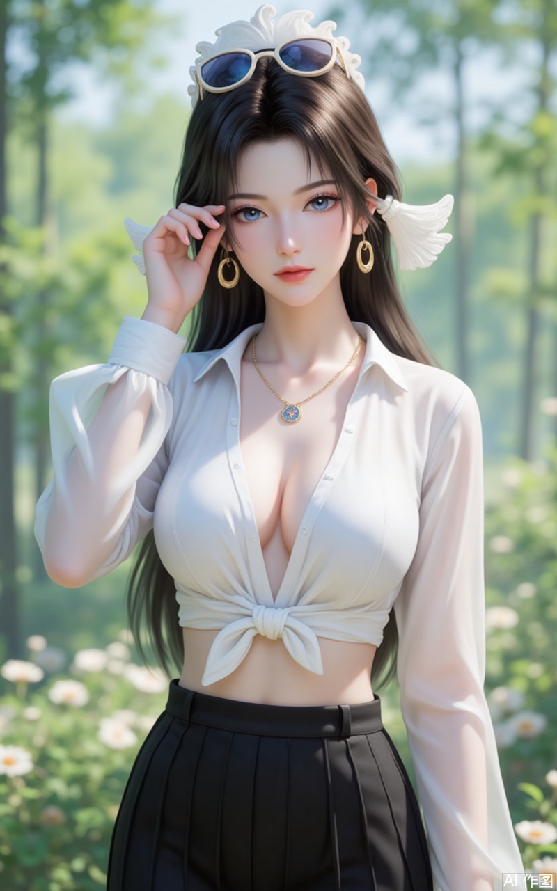 songyu,lvjing,baoshi,1girl,solo,long hair,outdoors,black hair,hair ornament,nature,brown hair,looking at viewer,blue eyes,1girl,breasts,jewelry,solo,shirt,earrings,long hair,cleavage,eyewear on head,hoop earrings,navel,sunglasses,looking at viewer,large breasts,white shirt,necklace,blurry background,tied shirt,midriff,blurry,skirt,parted lips,adjusting eyewear,hand on eyewear,black skirt,black pants,crop top,pants,patreon logo,realistic,collarbone,long sleeves,black hair,see-through, cover,simple background,gradient background,close-up details,outstanding style,adding a touch of dimension to your images without compromising details,close-up,