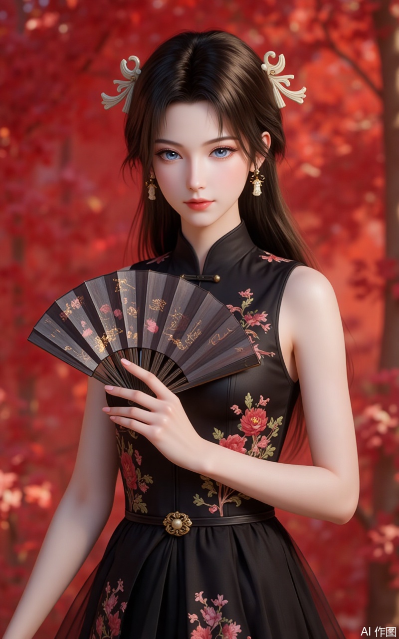 songyu,lvjing,baoshi,1girl,solo,long hair,outdoors,black hair,hair ornament,nature,brown hair,looking at viewer,blue eyes,1girl,dress,hand fan,holding,solo,earrings,jewelry,chinese clothes,china dress,black dress,holding fan,floral print,blurry,sleeveless,looking at viewer,sleeveless dress,red background,folding fan,standing,head tilt,2,cover,simple background,gradient background,close-up details,outstanding style,adding a touch of dimension to your images without compromising details,close_up