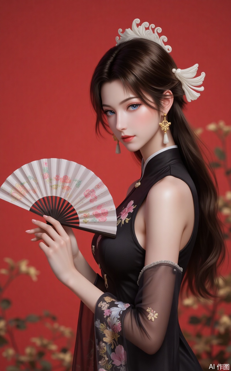 songyu,lvjing,baoshi,1girl,solo,long hair,outdoors,black hair,hair ornament,nature,brown hair,looking at viewer,blue eyes,1girl,dress,hand fan,holding,solo,earrings,jewelry,chinese clothes,china dress,black dress,holding fan,floral print,blurry,sleeveless,looking at viewer,sleeveless dress,red background,folding fan,standing,head tilt,2,cover,simple background,gradient background,close-up details,outstanding style,adding a touch of dimension to your images without compromising details,close_up