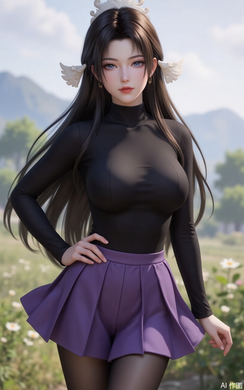 songyu,lvjing,baoshi,1girl,solo,long hair,outdoors,black hair,hair ornament,nature,brown hair,looking at viewer,blue eyes,1girl,breasts,skirt,solo,pantyhose,large breasts,purple skirt,covered navel,long sleeves,taut clothes,miniskirt,pleated skirt,turtleneck,black shirt,shirt,black pantyhose,taut shirt,64, cover,simple background,gradient background,close-up details,outstanding style,adding a touch of dimension to your images without compromising details,close-up