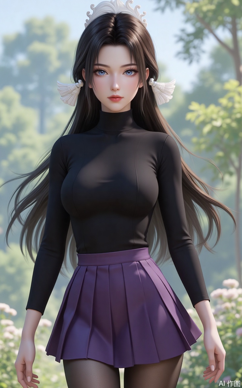 songyu,lvjing,baoshi,1girl,solo,long hair,outdoors,black hair,hair ornament,nature,brown hair,looking at viewer,blue eyes,1girl,breasts,skirt,solo,pantyhose,large breasts,purple skirt,covered navel,long sleeves,taut clothes,miniskirt,pleated skirt,turtleneck,black shirt,shirt,black pantyhose,taut shirt,64, cover,simple background,gradient background,close-up details,outstanding style,adding a touch of dimension to your images without compromising details,close-up