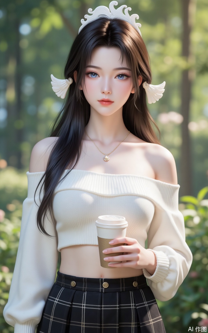 songyu,lvjing,baoshi,1girl,solo,long hair,outdoors,black hair,hair ornament,nature,brown hair,looking at viewer,blue eyes,1girl,solo,skirt,off shoulder,off-shoulder sweater,jewelry,white sweater,necklace,cup,bare shoulders,holding,sweater,disposable cup,breasts,black skirt,plaid skirt,collarbone,plaid,blurry background,crop top,holding cup,blurry,midriff,long sleeves,large breasts,63, cover,simple background,gradient background,close-up details,outstanding style,adding a touch of dimension to your images without compromising details,close-up