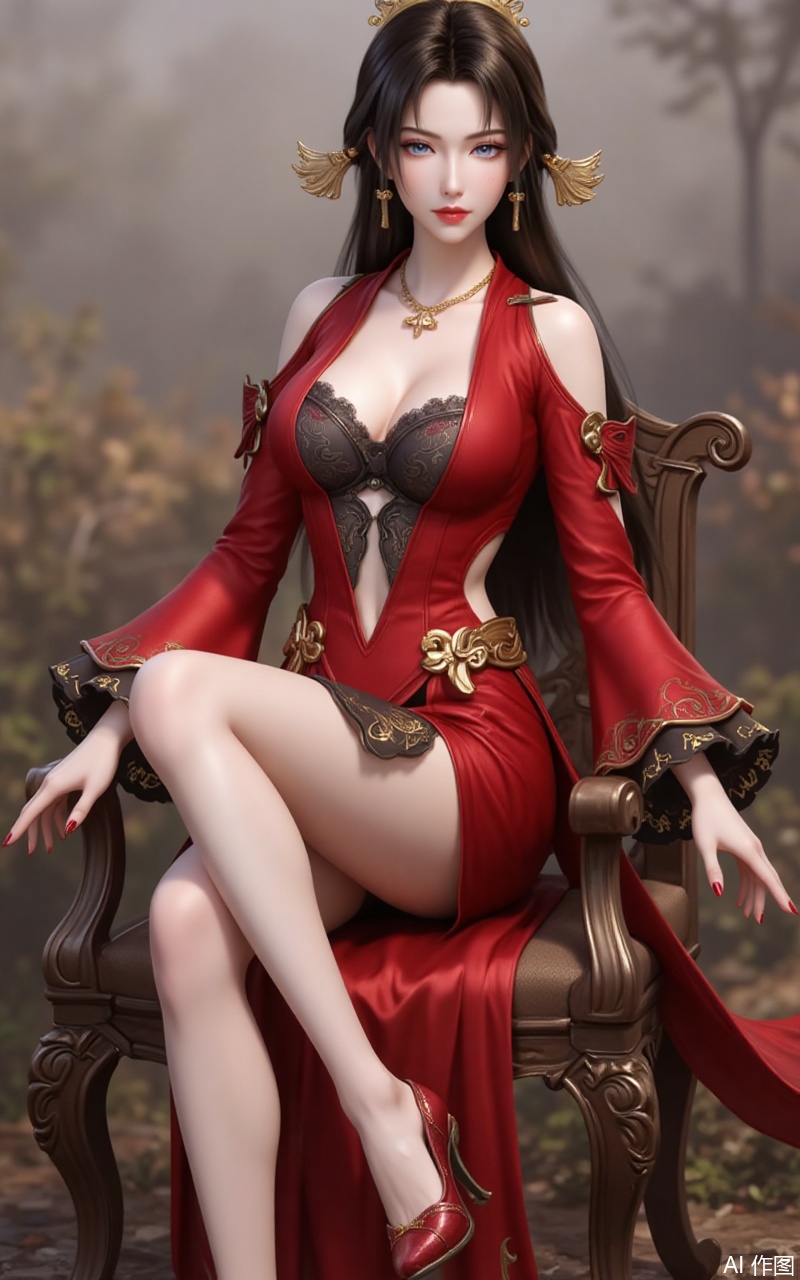 songyu,lvjing,baoshi,1girl,solo,long hair,outdoors,black hair,hair ornament,nature,brown hair,looking at viewer,blue eyes,,meidushayifu,1girl,solo,breasts,dress,high heels,jewelry,red dress,necklace,full body,red nails,cleavage,detached_sleeves,clothing cutout,sitting,gradient background,chair,crossed_legs,red footwear,3,cover,gradient background,close-up details,outstanding style,adding a touch of dimension to your images without compromising details,close-up,