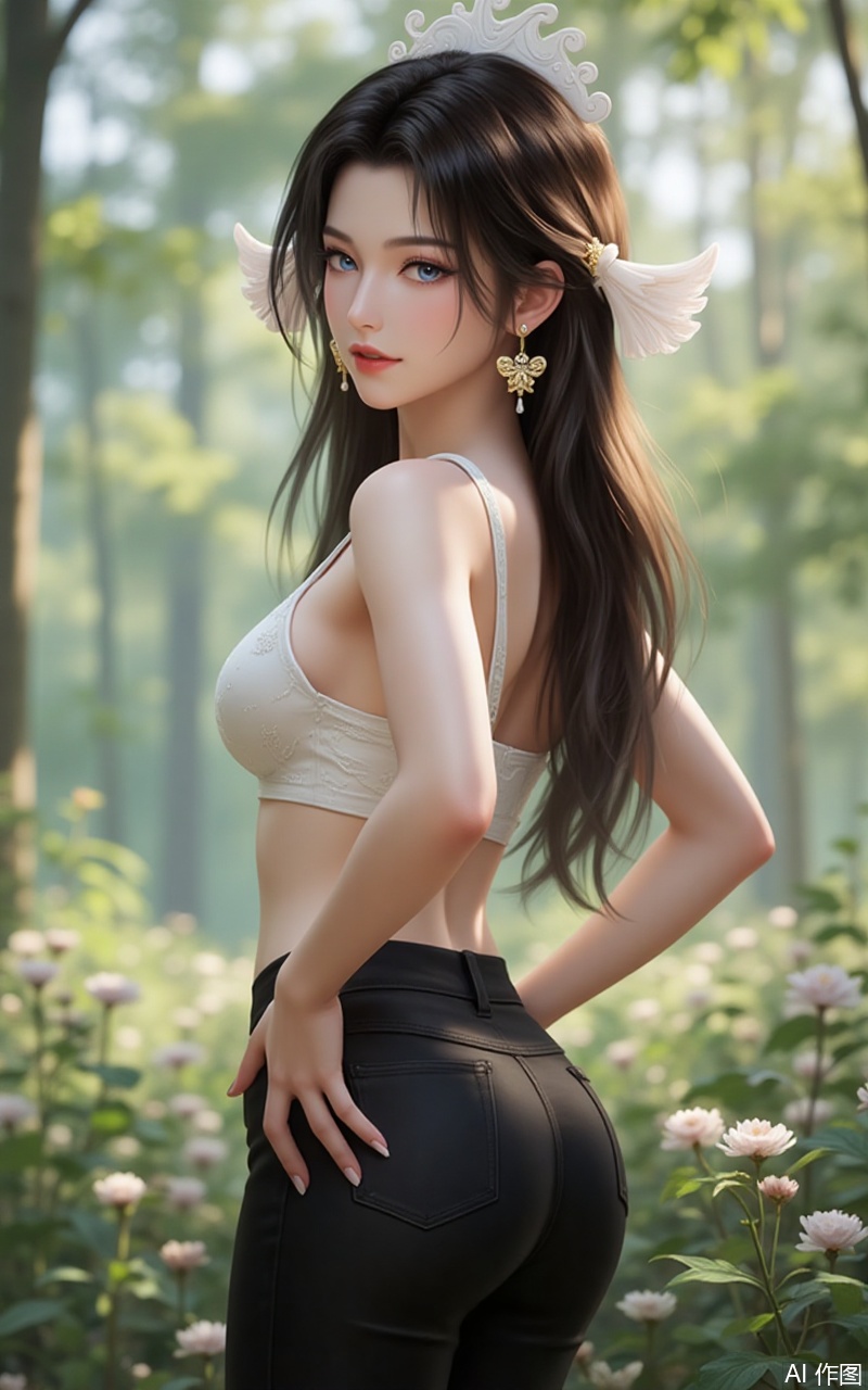 songyu,lvjing,baoshi,1girl,solo,long hair,outdoors,black hair,hair ornament,nature,brown hair,looking at viewer,blue eyes,1girl,solo,ass,pants,jewelry,earrings,looking back,realistic,looking at viewer,lips,hand on own hip,from behind,nail polish,tight pants,black pants,smile,breasts,8,cover,gradient background,close-up details,outstanding style,adding a touch of dimension to your images without compromising details,close-up