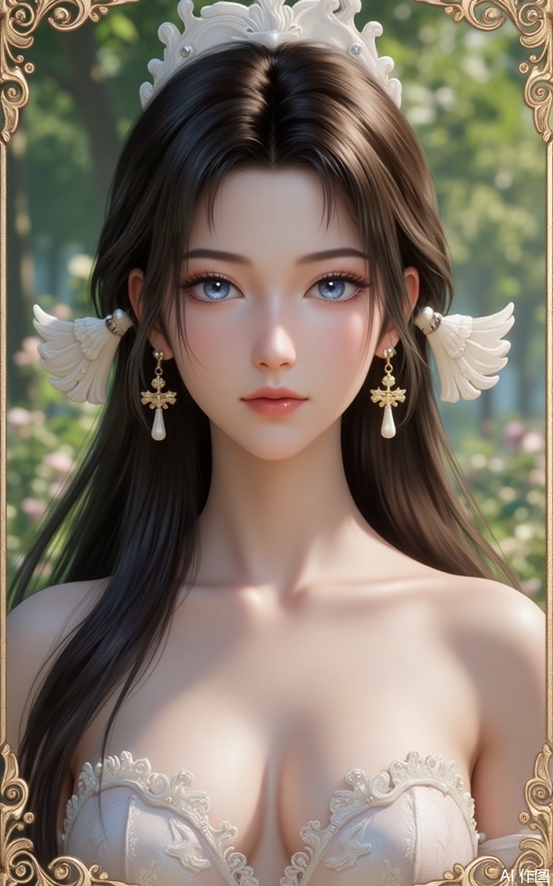 songyu,lvjing,baoshi,1girl,solo,long hair,outdoors,black hair,hair ornament,nature,brown hair,looking at viewer,blue eyes,1girl,solo,earrings,jewelry,looking at viewer,breasts,tarot,collarbone,upper body,dress,closed mouth,card \(medium\),tarot \(medium\),frills,border,cover,gradient background,close-up details,outstanding style,adding a touch of dimension to your images without compromising details,close-up