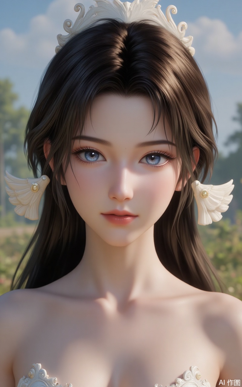 songyu,lvjing,baoshi,1girl,solo,long hair,outdoors,black hair,hair ornament,nature,brown hair,looking at viewer,blue eyes,cover,gradient background,close-up details,outstanding style,adding a touch of dimension to your images without compromising details,close-up,