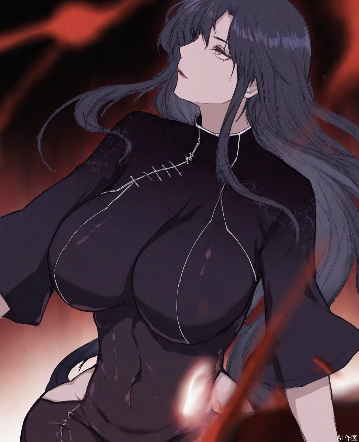 ((very awa)),solo,highly detailed,(best quality),((masterpiece)),1girl,,shangguanhong,long hair,black hair,breasts,bodysuit,shangguanhong,hip vent,