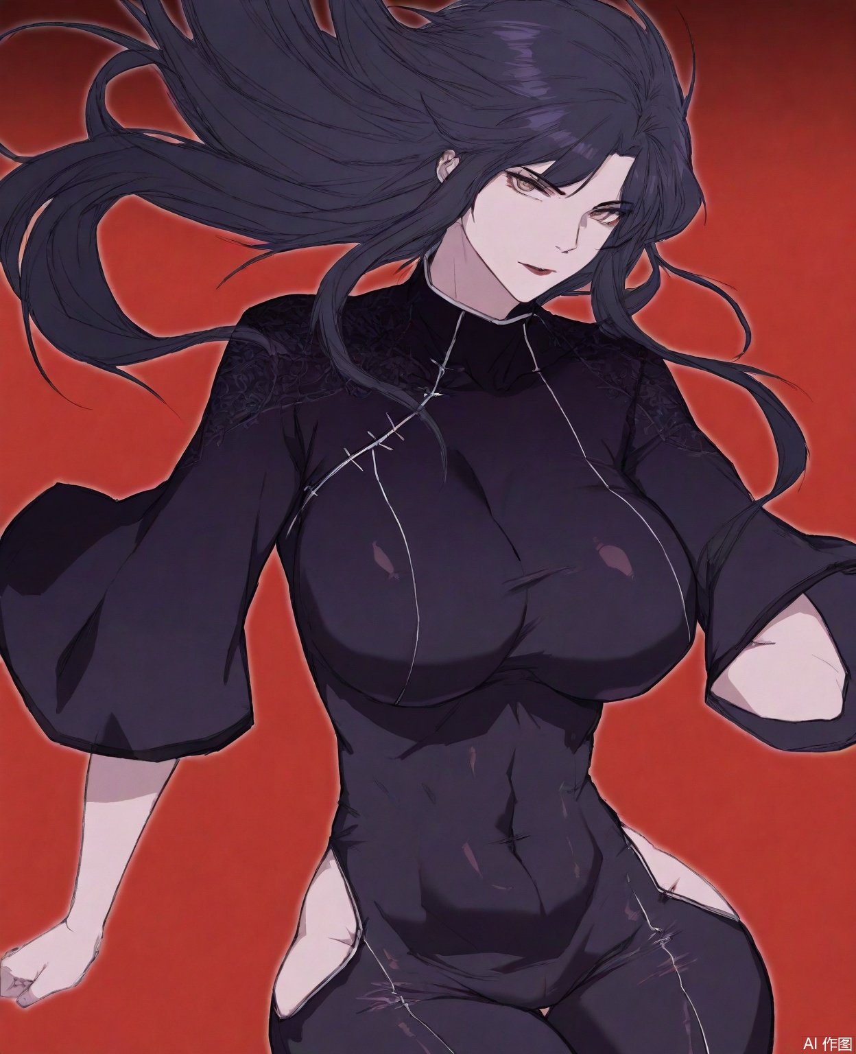 ((very awa)),solo,highly detailed,(best quality),((masterpiece)),1girl,,shangguanhong,long hair,black hair,breasts,bodysuit,shangguanhong,hip vent,