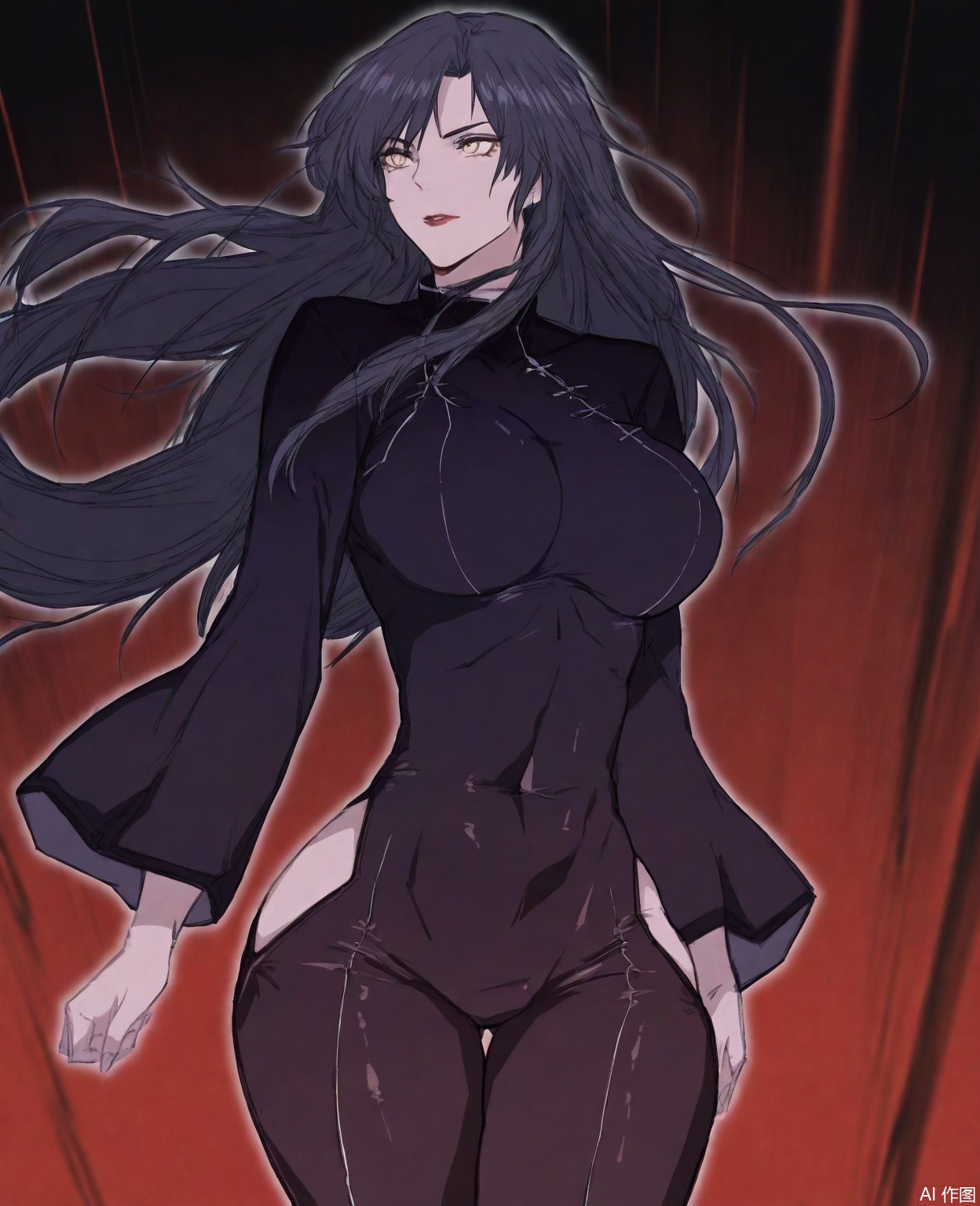 ((very awa)),solo,highly detailed,(best quality),((masterpiece)),1girl,,shangguanhong,long hair,black hair,breasts,bodysuit,shangguanhong,hip vent,
