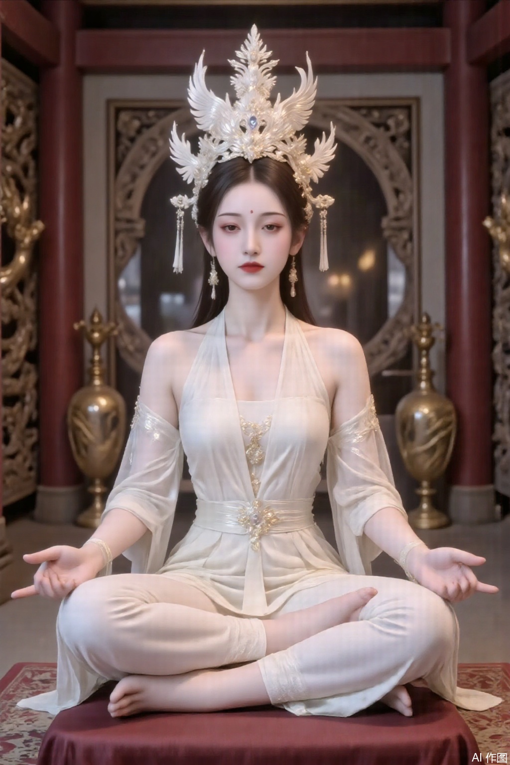 A beautiful monk, wearing a white phoenix crown and robe, cross-legged with his legs and finger seals, meditating in the practice room.em,gd,xz,cy,yyzs,mn,sw,fgxp