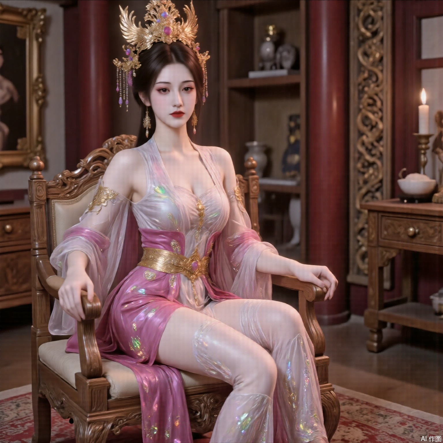 Cultivation style, a beautiful woman sitting on a wooden chair in an antique room, sexy pose, elegant pose, colorful clothes, feathered clothes, phoenix crown and robe, .em,gd,xz,cy,yyzs,mn,sw,fgxp