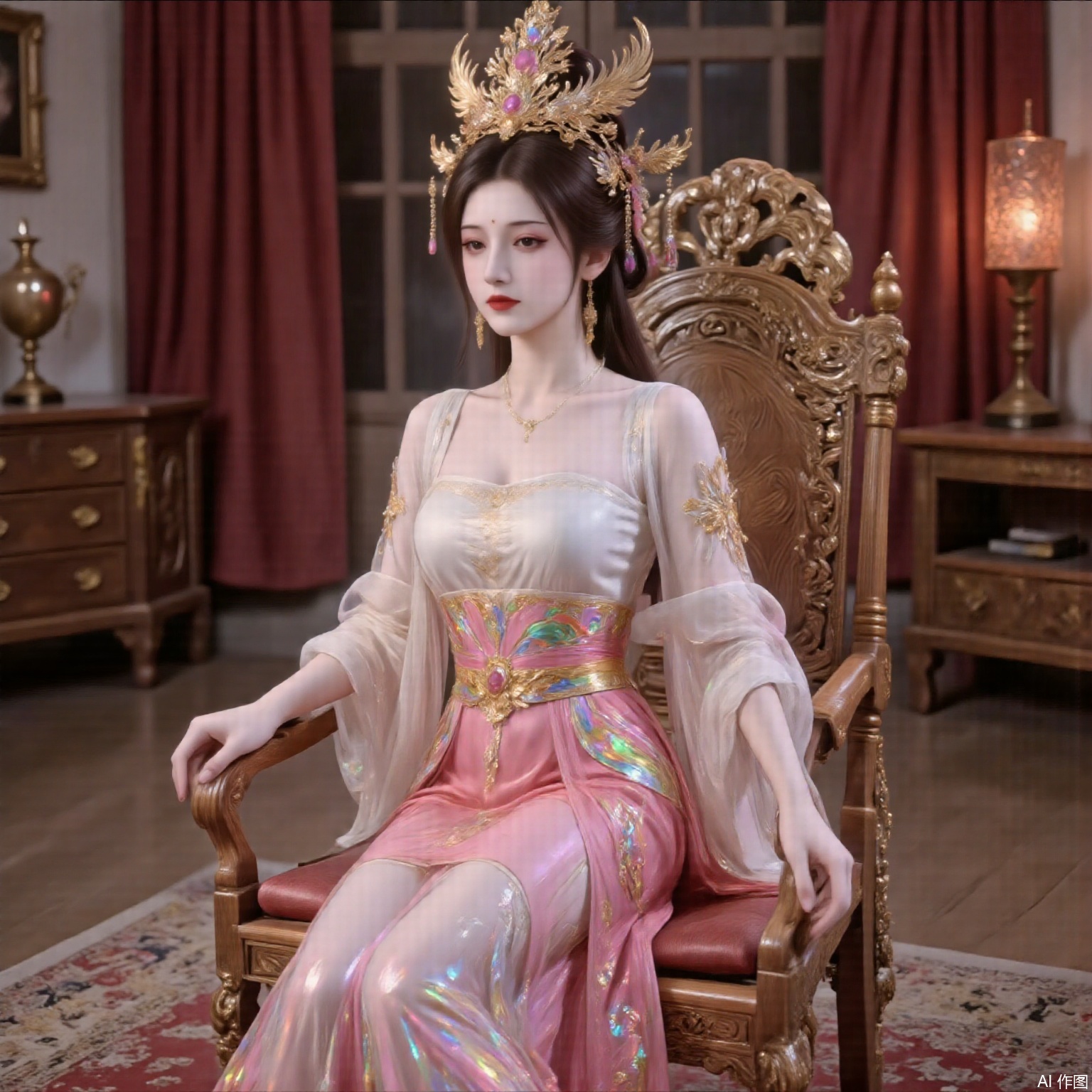 Cultivation style, a beautiful woman sitting on a wooden chair in an antique room, sexy pose, elegant pose, colorful clothes, feathered clothes, phoenix crown and robe, .em,gd,xz,cy,yyzs,mn,sw,fgxp