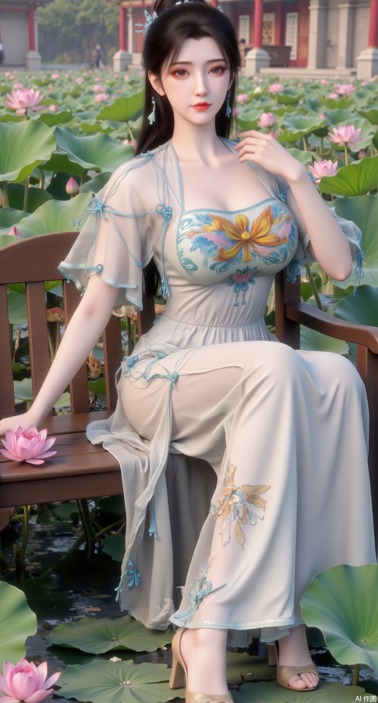 (masterpiece:1.2),best quality,The image is a digital illustration of a young woman sitting on a wooden bench in a pond with lily pads. She is wearing a long dress with design on the chest and sleeves. The dress has a high neckline and short sleeves,Holding a lotus in hand. She has long dark hair styled in loose waves and is wearing gold high heels. The woman is posing with one hand on her hip and the other resting on the edge of the bench. The background is filled with pink and white lotus flowers and green leaves. The overall mood of the image is peaceful and serene,(huge breasts:2.99),(full breasts:2.99),(Background with traditional Chinese architecture, lotus pond and pink lotus flowers:1.39),Xmupeiling,XsongyuYK,XqiyueFHK,XheguangzhefandiYK,XxiaobaiNZYK,XlimuwanJCBYK,XmeijiK,XzhouruK