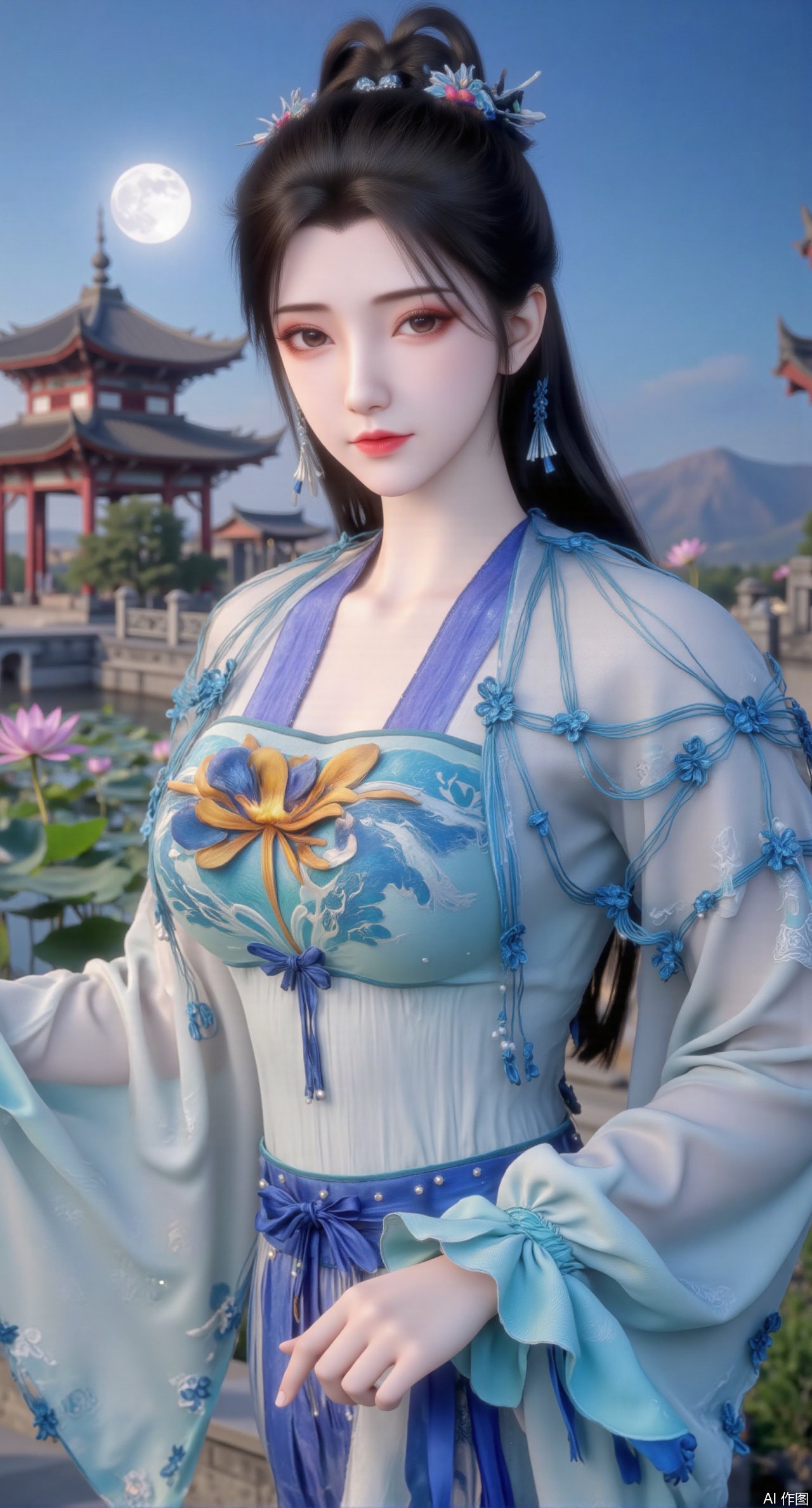(masterpiece, best quality:1.2),1girl, navel, solo, midriff, bare shoulders, hair ornament,(long hair),(High double ponytail:1.49), red lips, BREAK, (looking at viewer:1.39), chinese clothes,(long dress:1.36), (lace:1.28), BREAK,blurry, solo focus, long hair, lips, daytime, lipstick, outdoors, standing,upper body,(huge breasts:2.99), (full breasts:2.99),background, solo, makeup,Xyunxiao,(Lotus,Water Lily,Blue sky,full moon:1.39),(Lotus pond,ancient Chinese architecture:1.39),Xmupeiling,XsongyuYK,XqiyueFHK,XheguangzhefandiYK,XxiaobaiNZYK,XlimuwanJCBYK,XmeijiK,XzhouruK