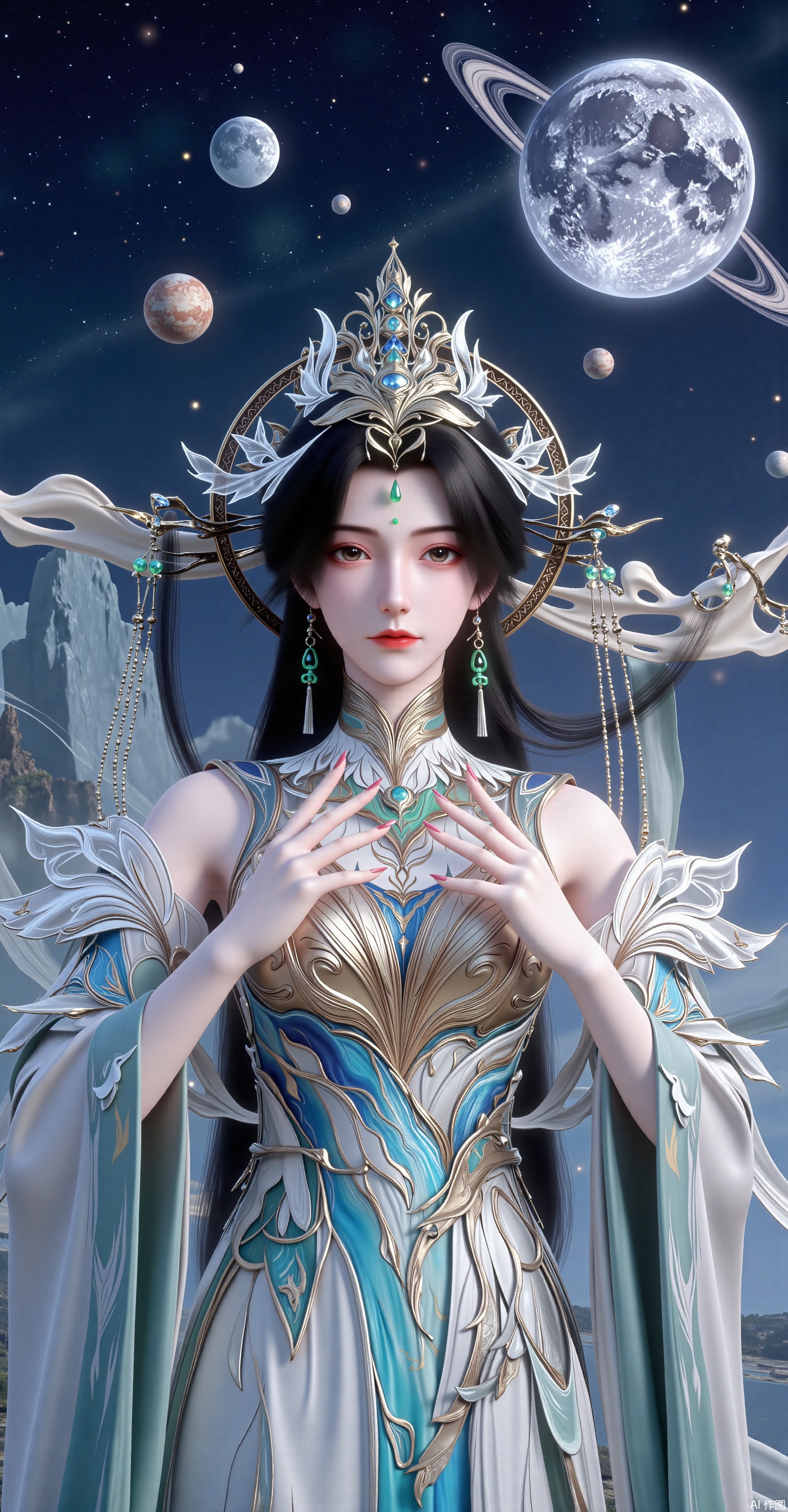 Realistic details, Liu Shen, Perfect World, long hair flowing gracefully, exquisitely crafted hair accessories, headdress, holy radiance, starry sky background, nebulae flowing, stars twinkling, willow branches stretching, both hands holding a planet, details on the planet's surface, textures of mountains, rivers and oceans, planets surrounding, planets of various sizes, traces of planetary orbits, dreamy light and shadow effects,XliushenWDDk,XzhouruK,XlimuwanJCBYK,XsongyuYK