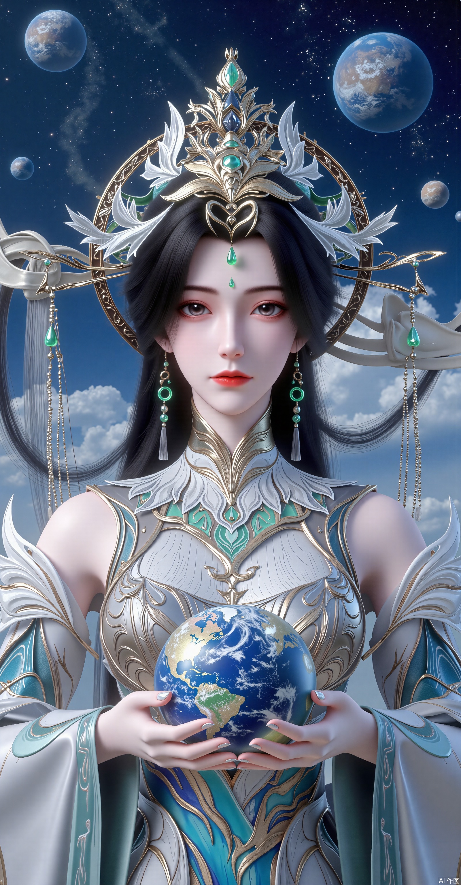 Realistic details, Liu Shen, Perfect World, long hair flowing gracefully, exquisitely crafted hair accessories, headdress, holy radiance, starry sky background, nebulae flowing, stars twinkling, willow branches stretching, both hands holding a planet, details on the planet's surface, textures of mountains, rivers and oceans, planets surrounding, planets of various sizes, traces of planetary orbits, dreamy light and shadow effects,XliushenWDDk,XzhouruK,XlimuwanJCBYK,XsongyuYK