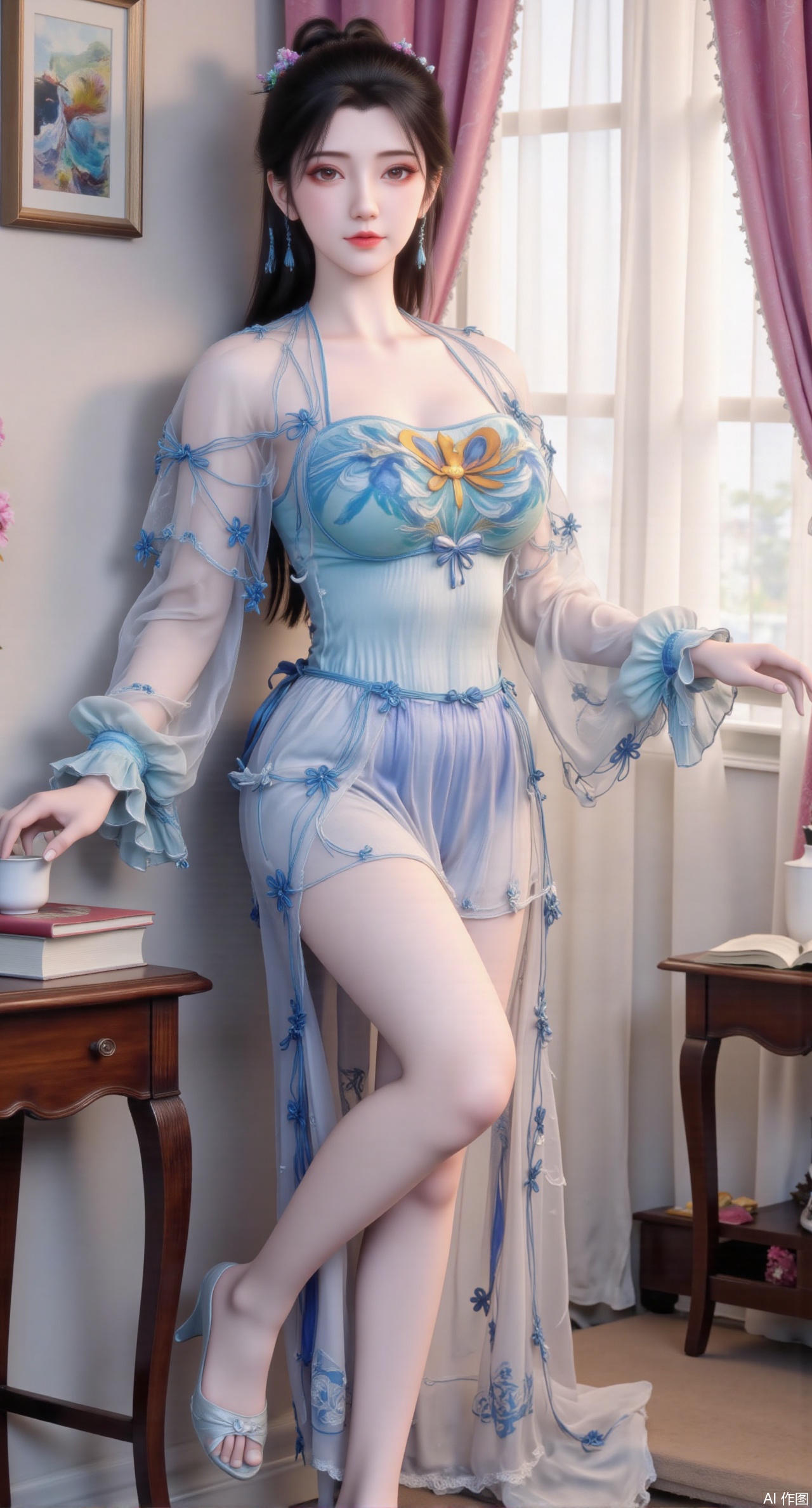  (masterpiece:1.2),Ultra clear, wallpaper, 8k, masterpiece, 1girl, solo, long hair, breasts, looking at viewer, bangs, large breasts,long dress,, bare shoulders, jewelry, black hair, standing, purple eyes, full body, flower, thighs, indoors, hair bun, long dress, high heels, cup, see-through, book, bare legs, window, table, white footwear, standing on one leg, curtains, pink flower, side slit, vase, ,(huge breasts:2.99),(full breasts:2.99),,Xmupeiling,XsongyuYK,XqiyueFHK,XheguangzhefandiYK,XxiaobaiNZYK,XlimuwanJCBYK,XmeijiK,XzhouruK