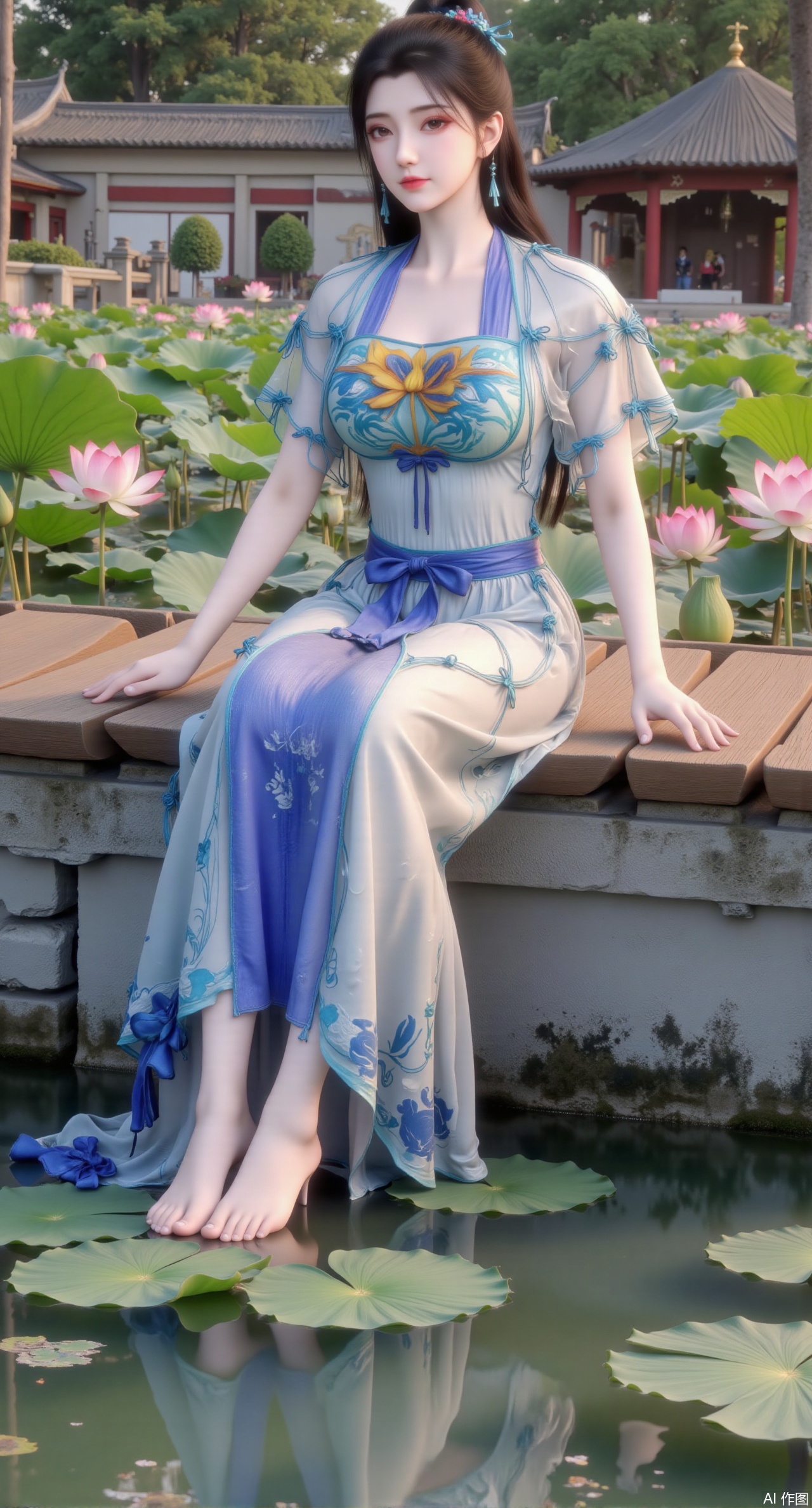 (masterpiece:1.2),best quality,The image is a digital illustration of a young woman sitting on a wooden bench in a pond with lily pads. She is wearing a long dress with design on the chest and sleeves. The dress has a high neckline and short sleeves,Holding a lotus in hand. She has long dark hair styled in loose waves and is wearing gold high heels. The woman is posing with one hand on her hip and the other resting on the edge of the bench. The background is filled with pink and white lotus flowers and green leaves. The overall mood of the image is peaceful and serene,(huge breasts:2.99),(full breasts:2.99),(Background with traditional Chinese architecture, lotus pond and pink lotus flowers:1.39),Xmupeiling,XsongyuYK,XqiyueFHK,XheguangzhefandiYK,XxiaobaiNZYK,XlimuwanJCBYK,XmeijiK,XzhouruK