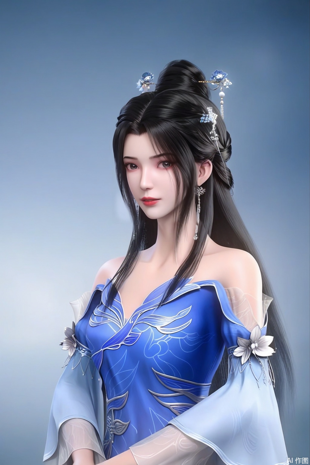 1girl, solo, long hair, black hair, hair ornament, looking at viewer,dress, bare shoulders, jewelry, upper body, blue dress, chinese clothes,CG_style