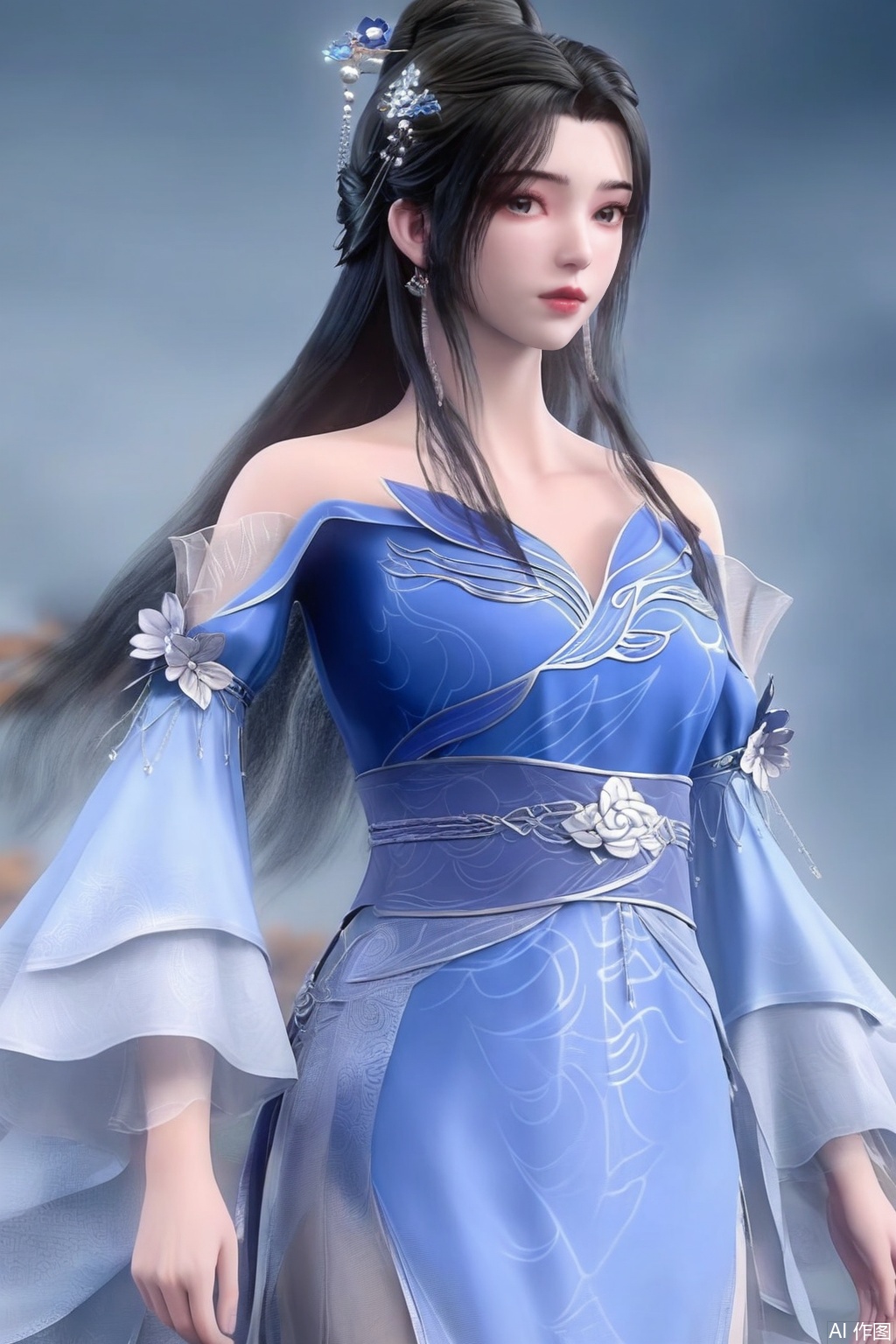 1girl, solo, long hair, black hair, hair ornament, looking at viewer,dress, bare shoulders, jewelry, upper body, blue dress, chinese clothes, sash, blue sash,
