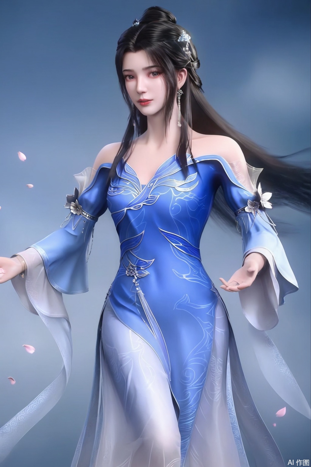 1girl, solo, long hair, black hair, hair ornament, looking at viewer,dress, bare shoulders, jewelry,  blue dress, chinese clothes,CG_style,falling petals, realistic,