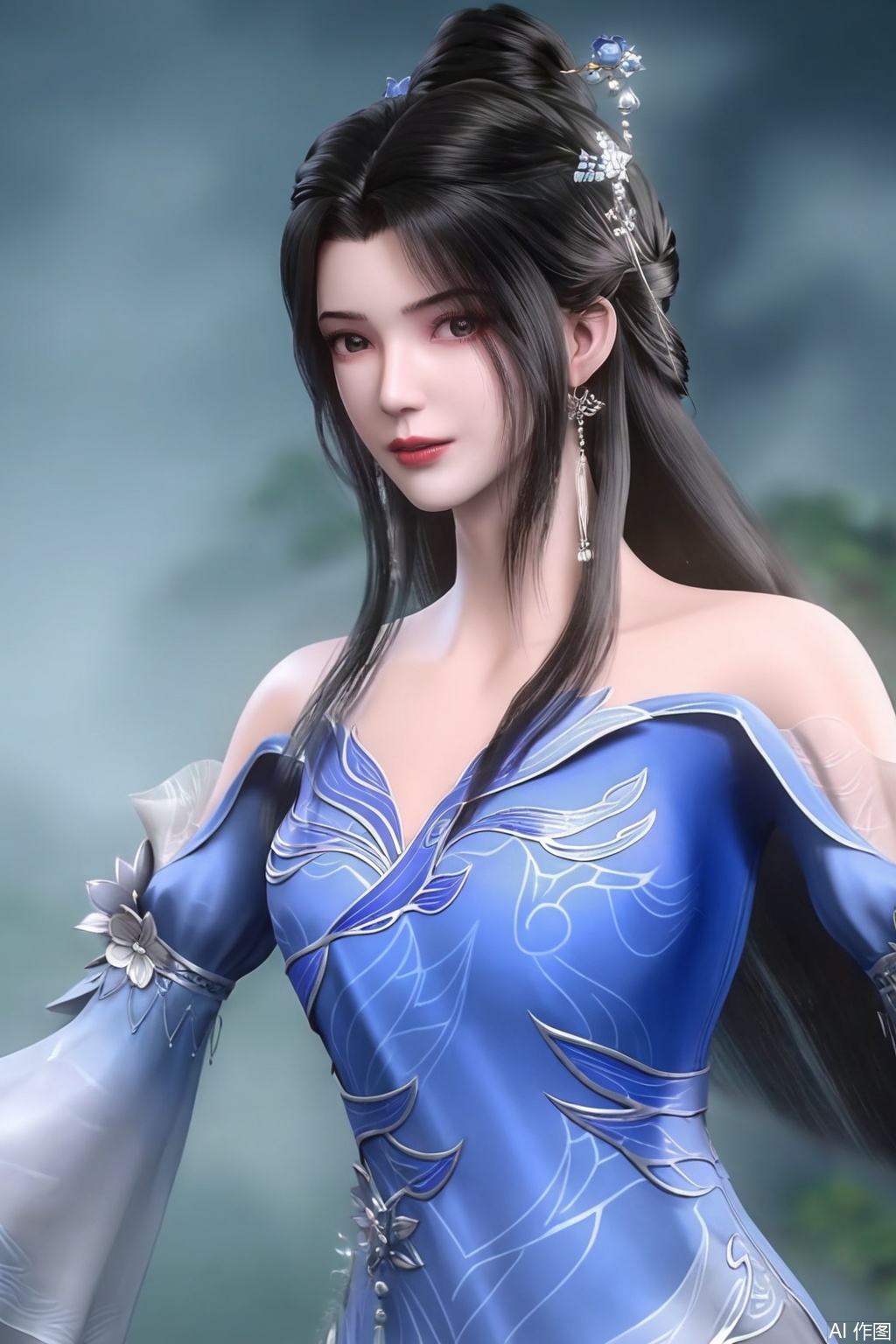 1girl, solo, long hair, black hair, hair ornament, looking at viewer,dress, bare shoulders, jewelry, upper body, blue dress, chinese clothes,CG_style