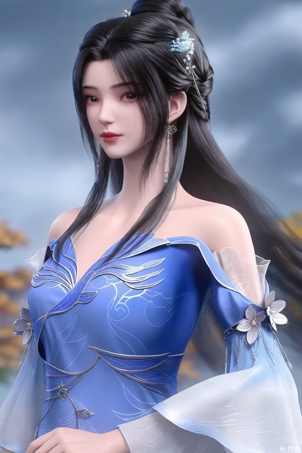 1girl, solo, long hair, black hair, hair ornament, looking at viewer,dress, bare shoulders, jewelry, upper body, blue dress, chinese clothes, 