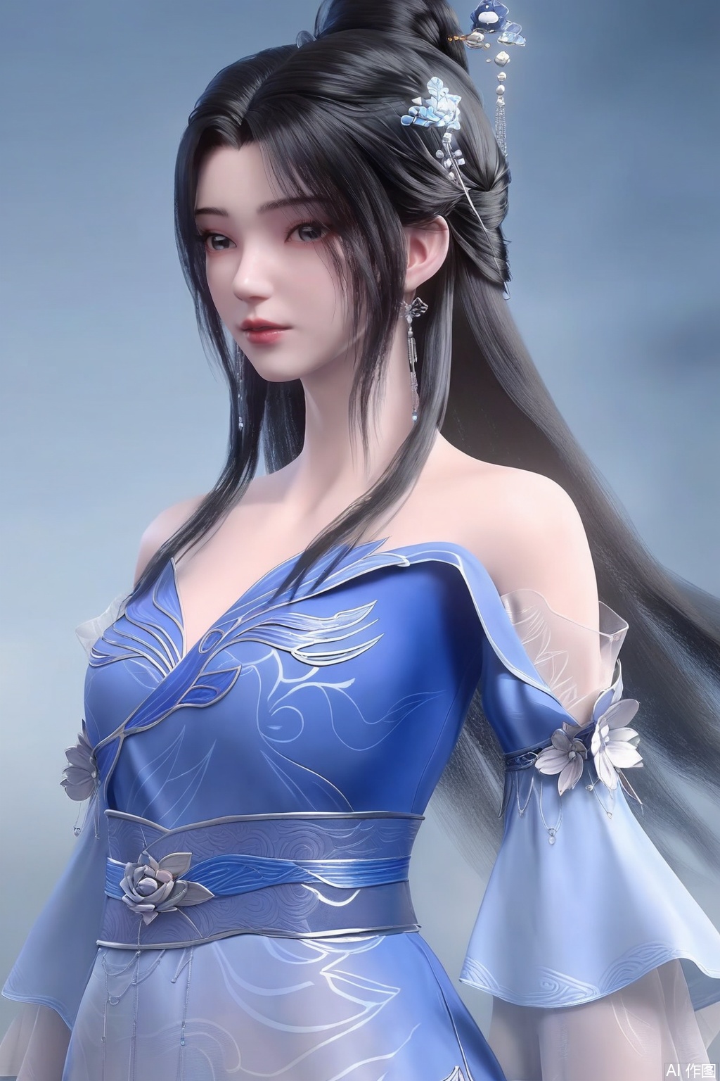 1girl, solo, long hair, black hair, hair ornament, looking at viewer,dress, bare shoulders, jewelry, upper body, blue dress, chinese clothes, sash, blue sash,
masterpiece, best quality, absurdres, highres, amazing quality, very aesthetic,  newest, absurdres, highres, highly detailed, very aesthetic,