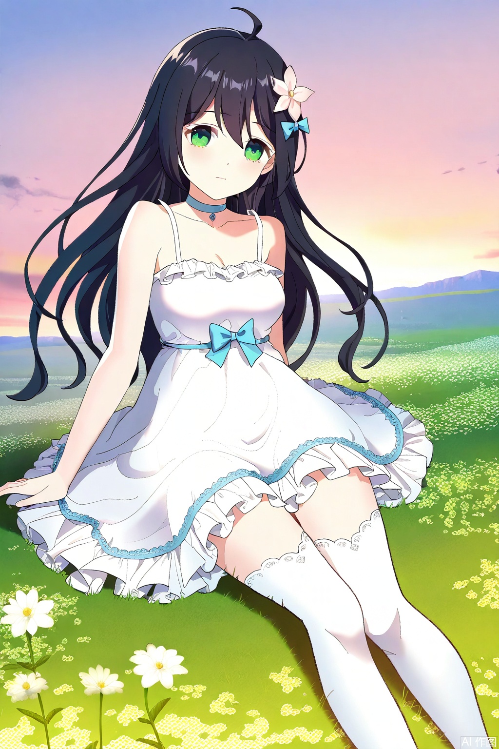 1girl, solo, long hair, black hair, hair ornament, dress, bow, green eyes, flower, ahoge, hair bow, choker, hair flower, white dress, masterpiece,best quality,official art,extremely detailed CG unity 8k wallpaper,in a meadow,in a meadow,,Thigh exposed,thighhighs,looking at viewer,