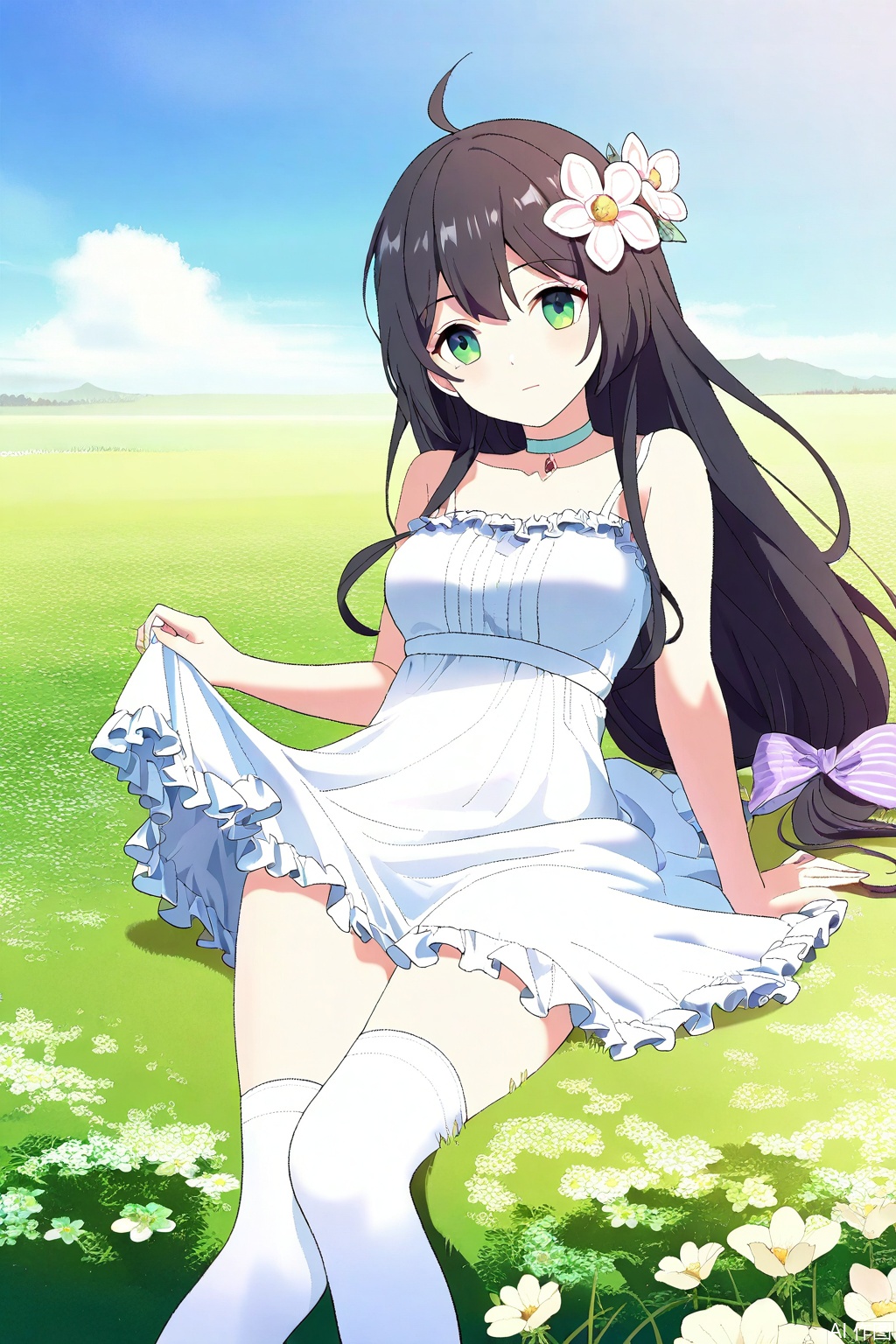 1girl, solo, long hair, black hair, hair ornament, dress, bow, green eyes, flower, ahoge, hair bow, choker, hair flower, white dress, masterpiece,best quality,official art,extremely detailed CG unity 8k wallpaper,in a meadow,in a meadow,,Thigh exposed,thighhighs,looking at viewer,